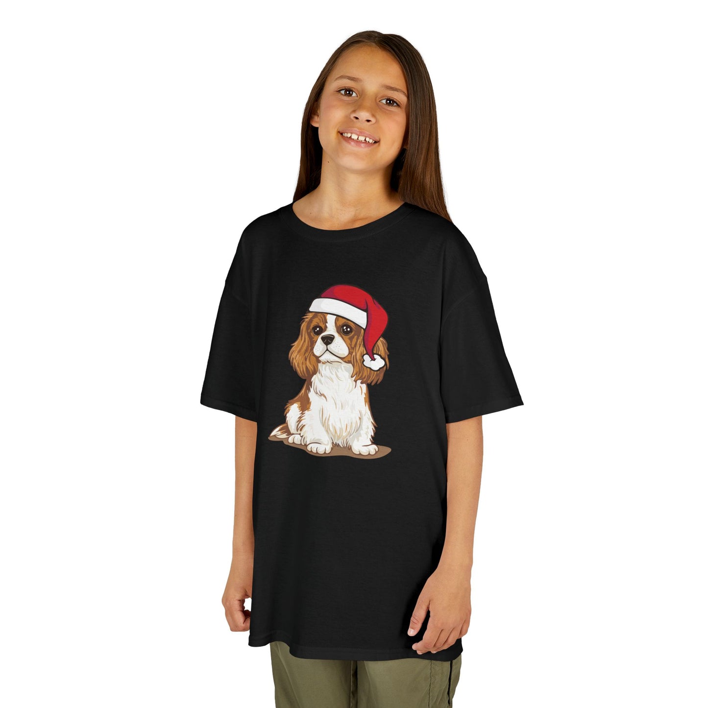 Kids Christmas Dog T-shirt, Santa Cavalier King Charles Spaniel Dogs Tee, Family Holiday Shirts, Children's Xmas Apparel Boys Girls Unisex