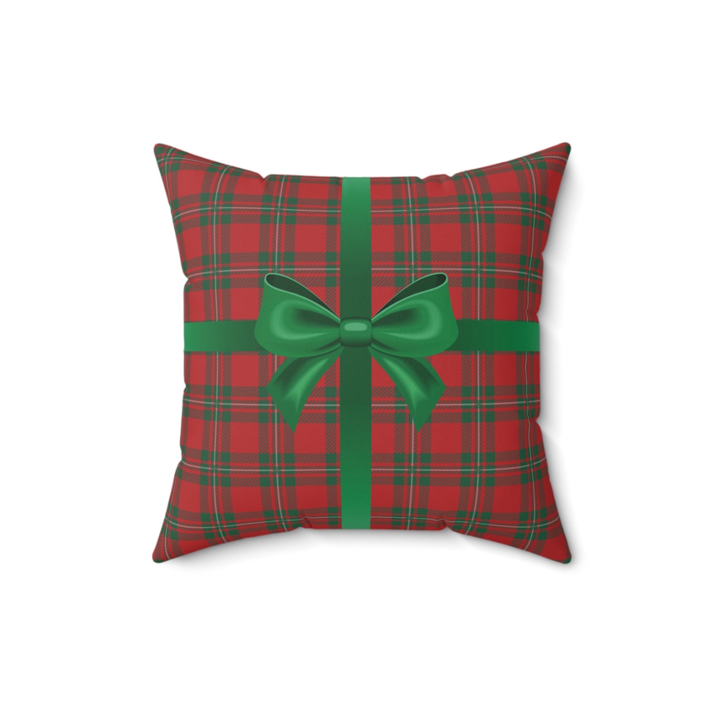 Holiday Gift Throw Pillow, Green Bow on Red Plaid Wrapped Present Pillows, Christmas Home Decor Xmas Decorations, Square Cushion and Cover
