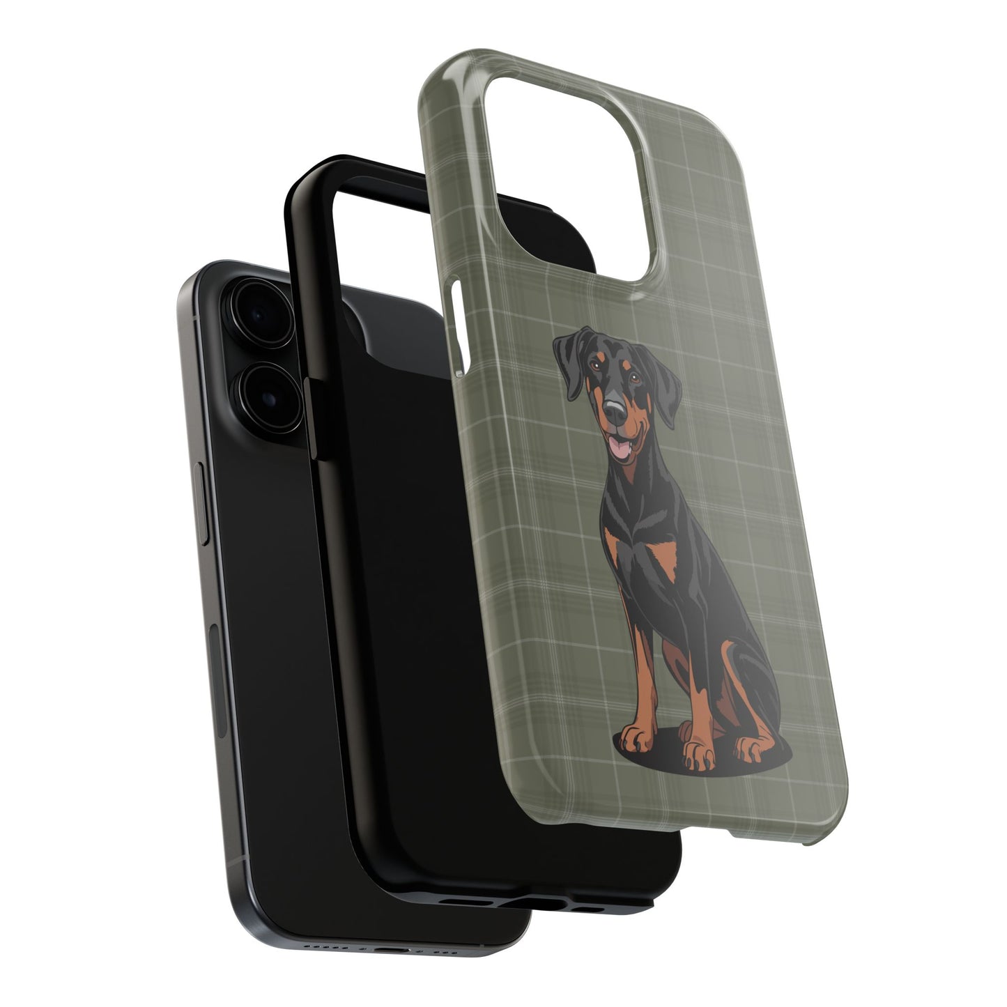Doberman Pinscher Dog Phone Case, Tough Phone Cases Pet Dogs Green Plaid Pattern