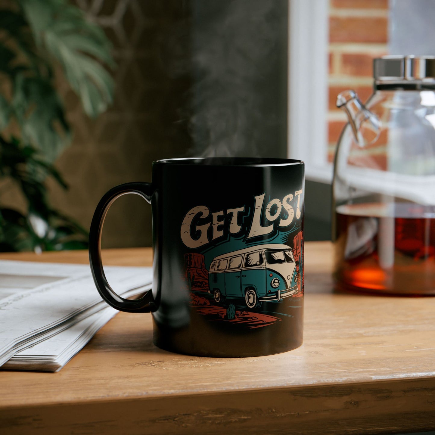 Get Lost Vintage Van Vanlife Utah Arizona Desert Roadtrip Black Coffee Mug 11oz with Retro Camper Print