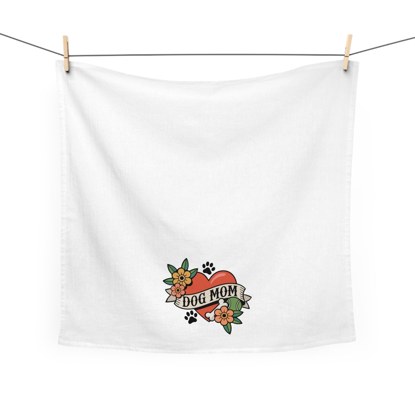 Dog Mom Heart Tattoo Tea Towel | Dogs Paw Prints, Floral Kitchen Hand Towels, Childless Dog Lady Vintage Tattoos Artwork