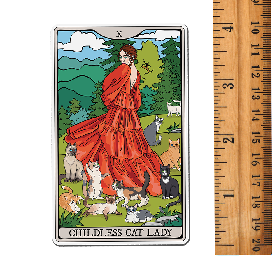 Childless Cat Lady Tarot Card Magnet - 4" Cat Ladies Vinyl Fridge Magnets Indoor Outdoor, Child-Free Woman & Cats
