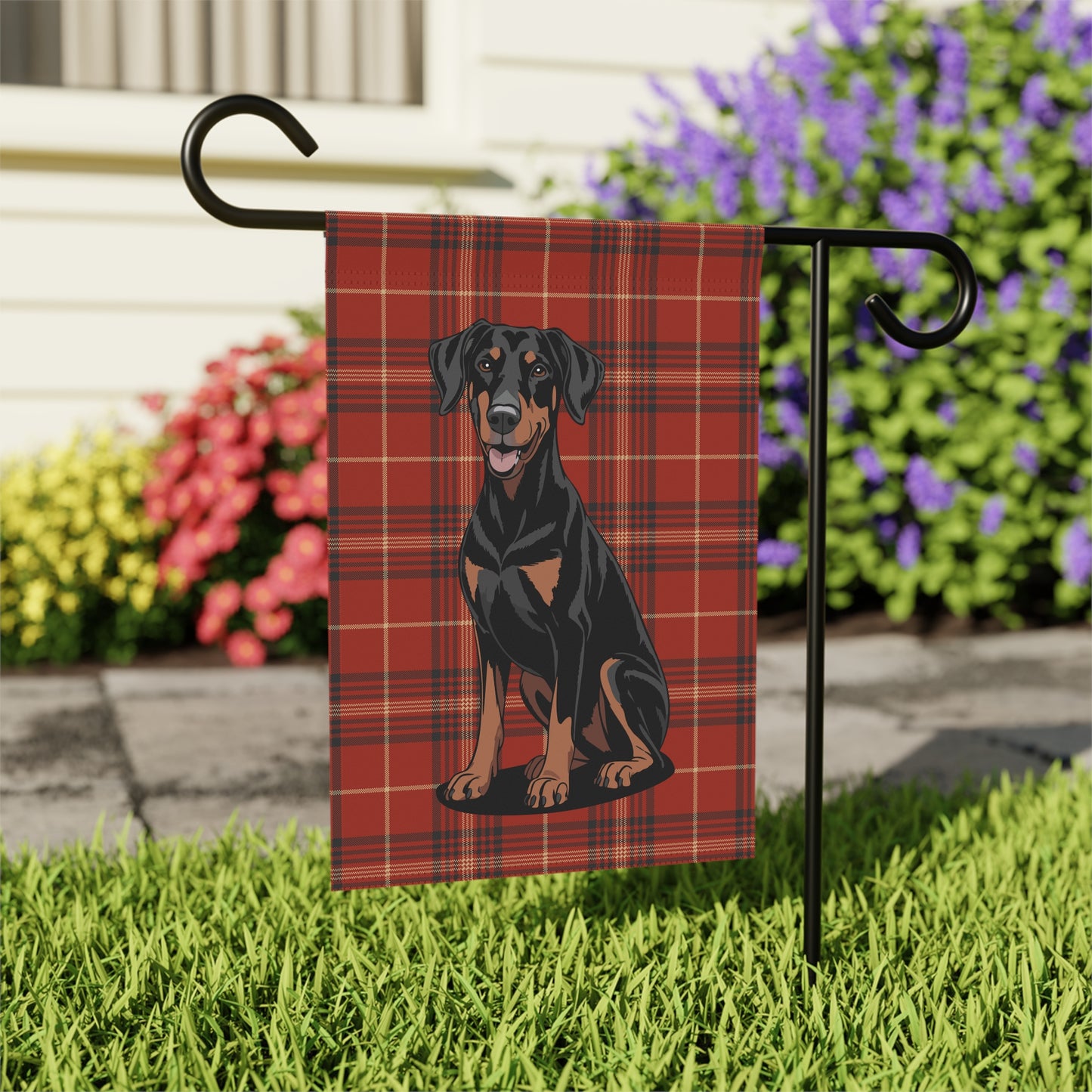 Doberman Pinscher Red Plaid Outdoor Garden Flag, Christmas Holiday Yard Decorations