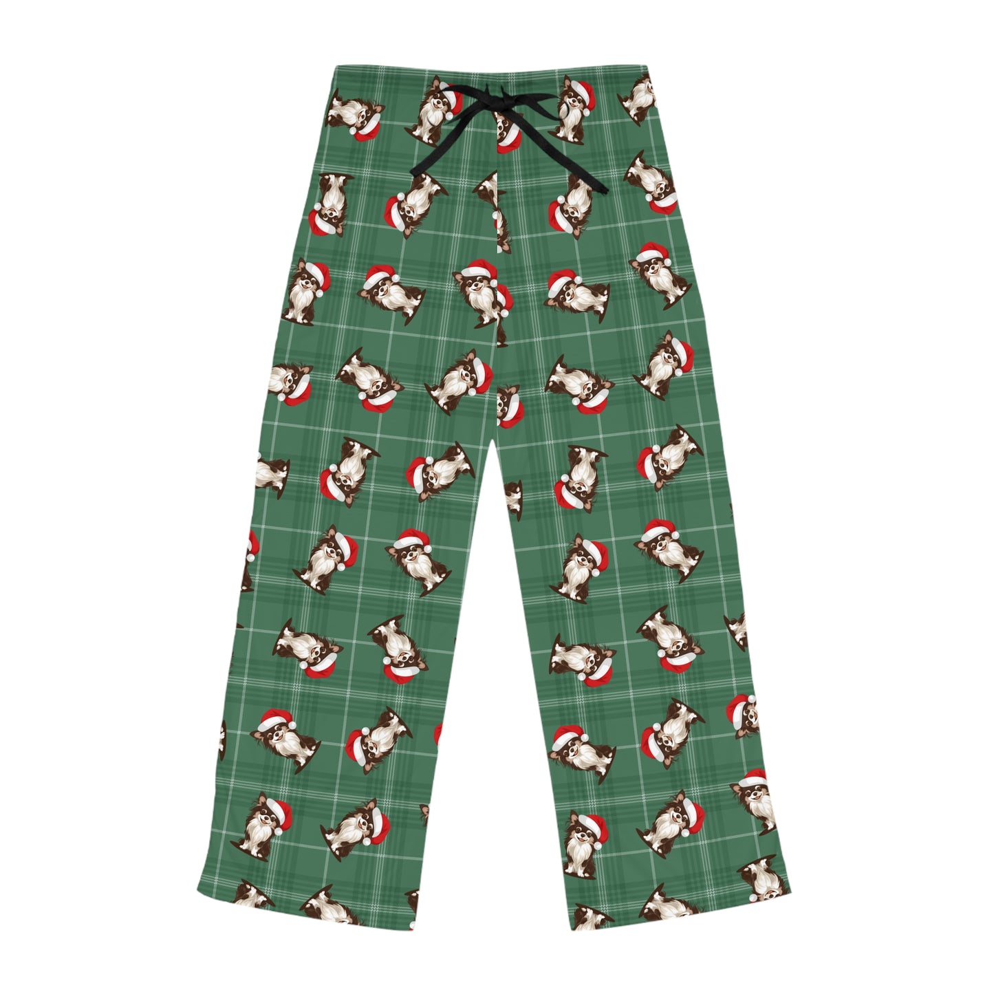 Long Haired Chihuahua Dog Womens Christmas Pajama Pants, Santa Chihuahuas Dogs Green Plaid PJ Bottoms Winter Loungewear, Holiday Sleepwear