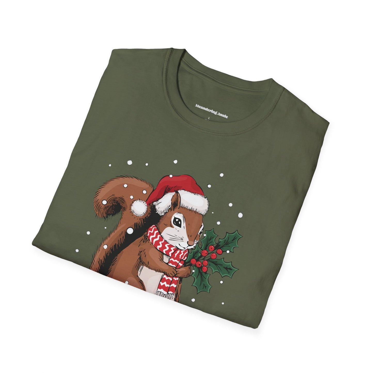 Christmas Squirrel T-Shirt, Festive Holiday Xmas Squirrels In Santa Hat Cotton Tee, Cute Snowy Winter Animal Short Sleeve Top Unisex