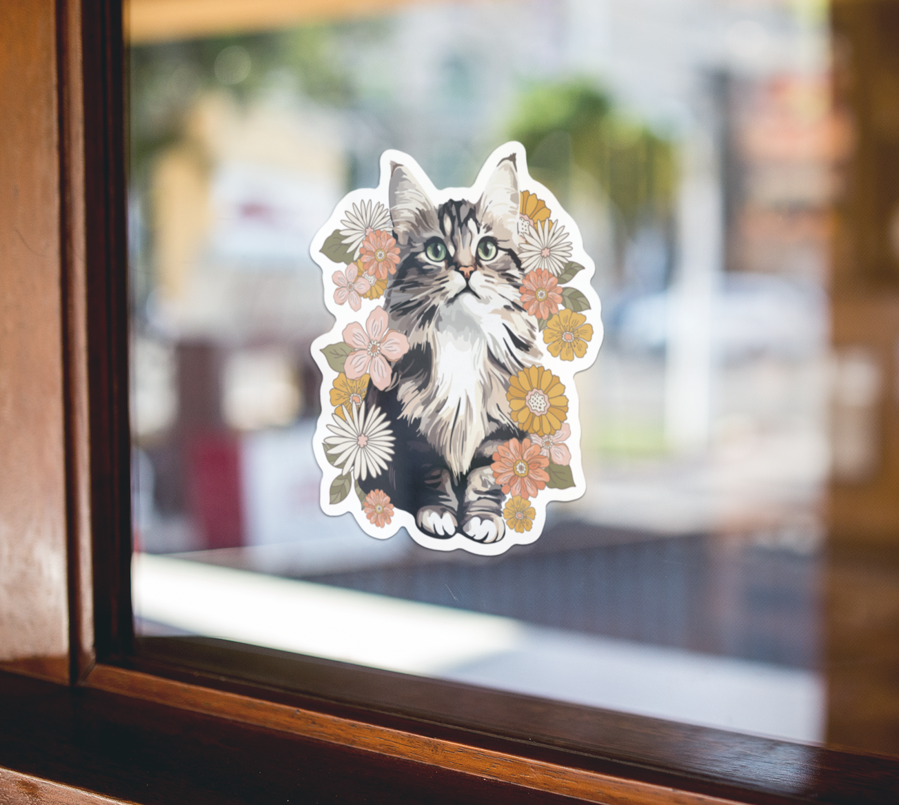 4" Fluffy Kitty In Flowers Sticker - Waterproof, Fade-Resistant Decal Stickers Floral Cat Design