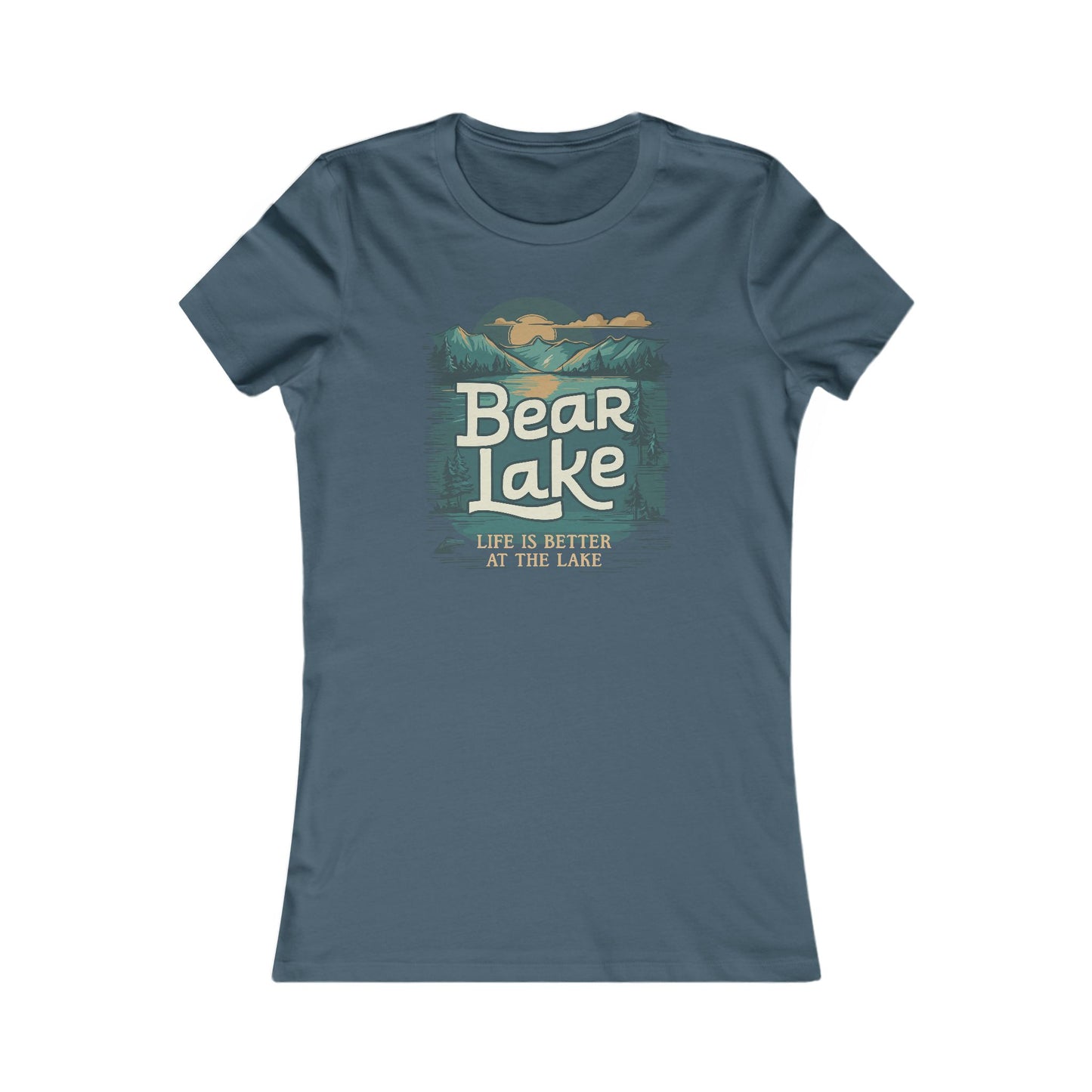 Bear Lake Summer Vacation Travel T-shirt Women's Favorite Fitted Cotton Tee with Scenic Mountain Lake View Short Sleeve Shirts