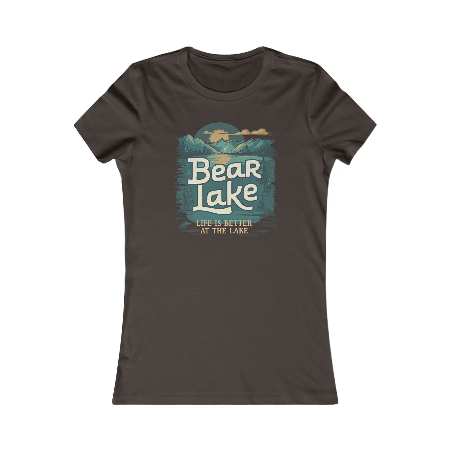 Bear Lake Summer Vacation Travel T-shirt Women's Favorite Fitted Cotton Tee with Scenic Mountain Lake View Short Sleeve Shirts