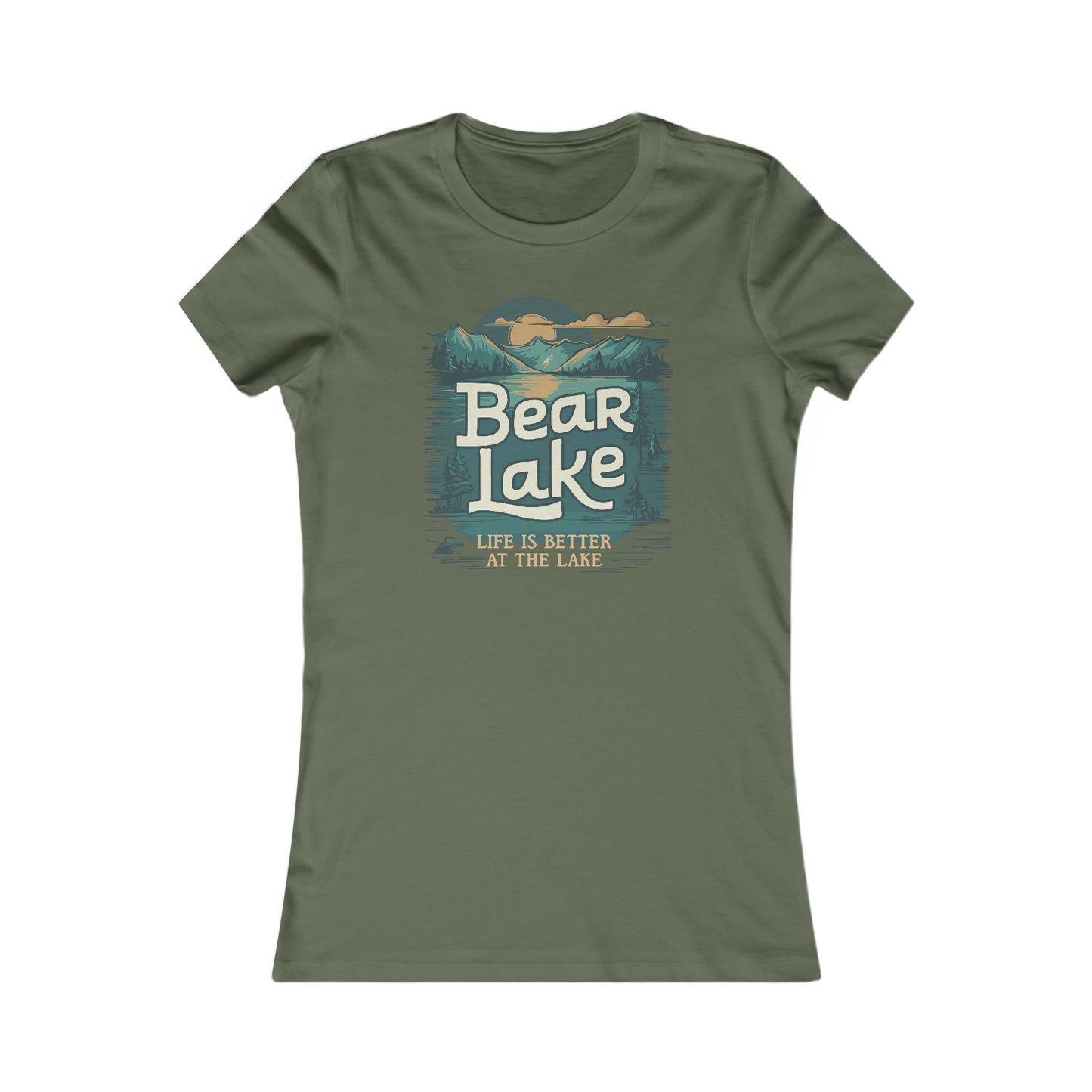 Bear Lake Summer Vacation Travel T-shirt Women's Favorite Fitted Cotton Tee with Scenic Mountain Lake View Short Sleeve Shirts