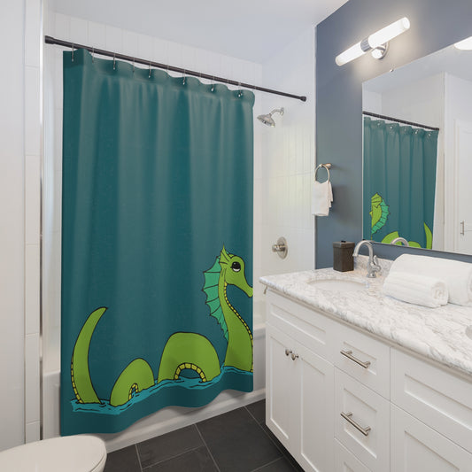 Sea Serpent Teal Bathroom Decor Shower Curtain with Loch Ness Sea Monster Graphic