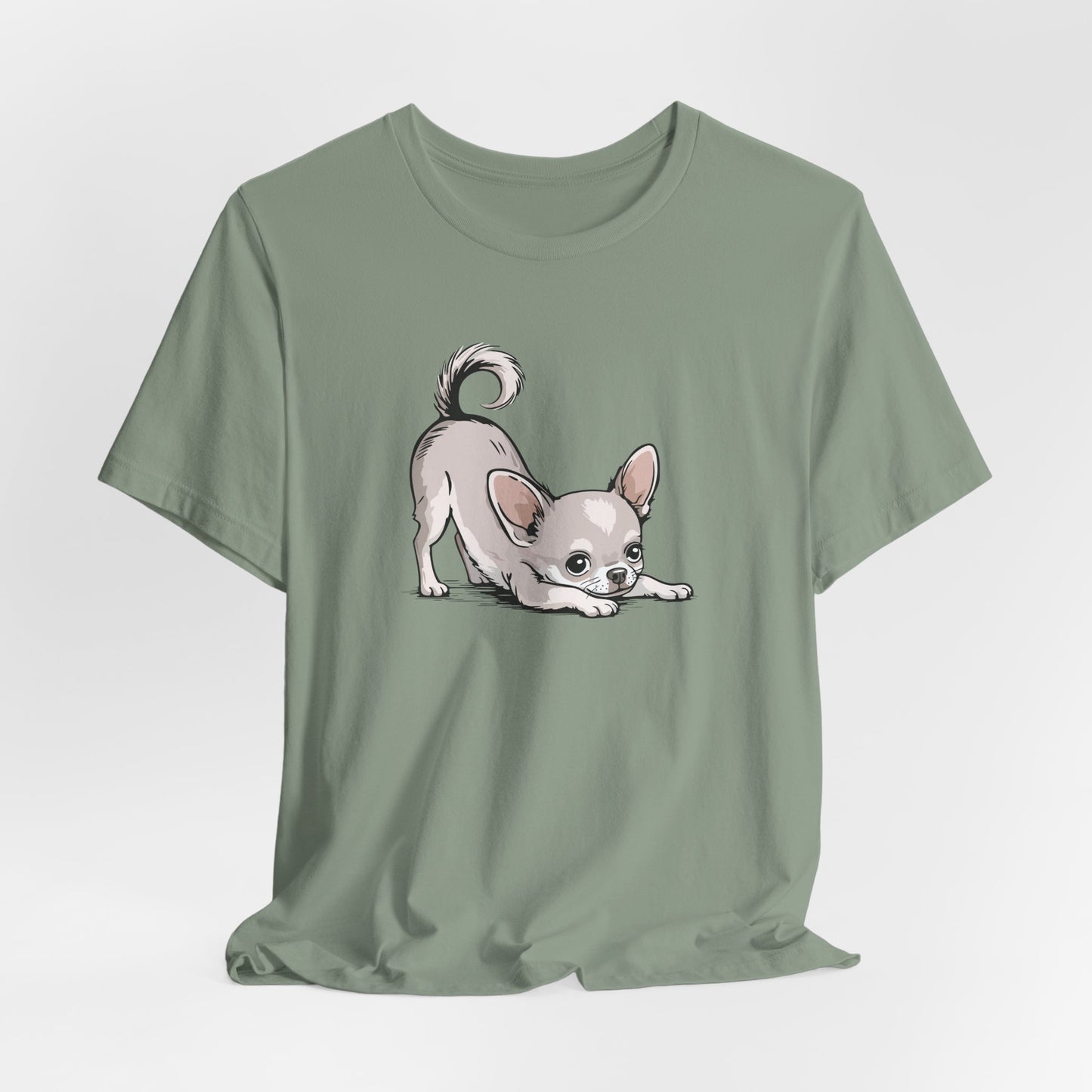 Playful Stretching Chihuahua Dog T-Shirt | Cute Puppy Dogs Illustration Tee, Cotton Chihuahuas Apparel, Pet Owner Shirts