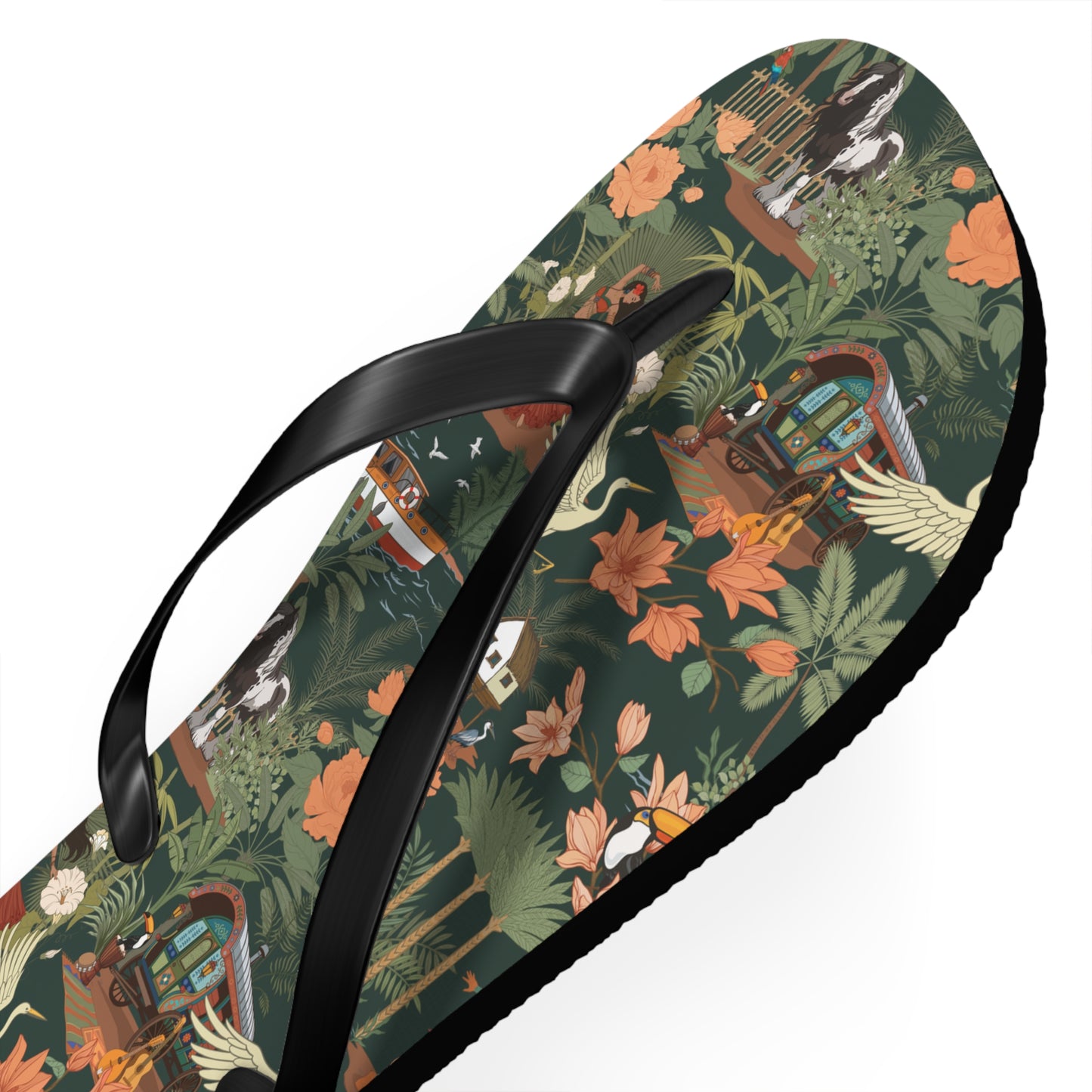 Tropical Nomad Floral Island Flip Flops | Vintage Travel Birds Pattern Sandals