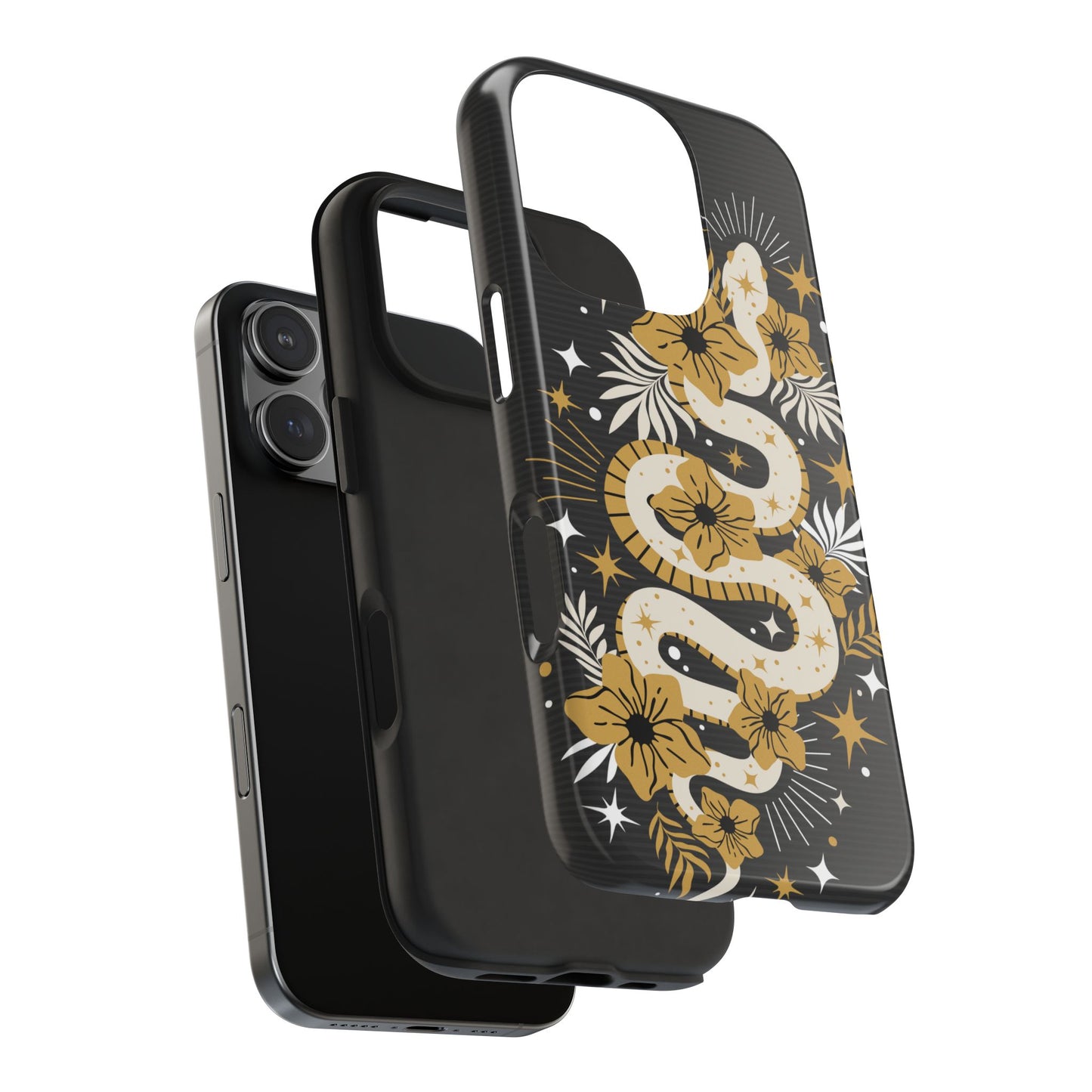 Mystic Snake Cell Phone Case, Black Tough Cases, Protective Floral Golden Serpent Boho Design