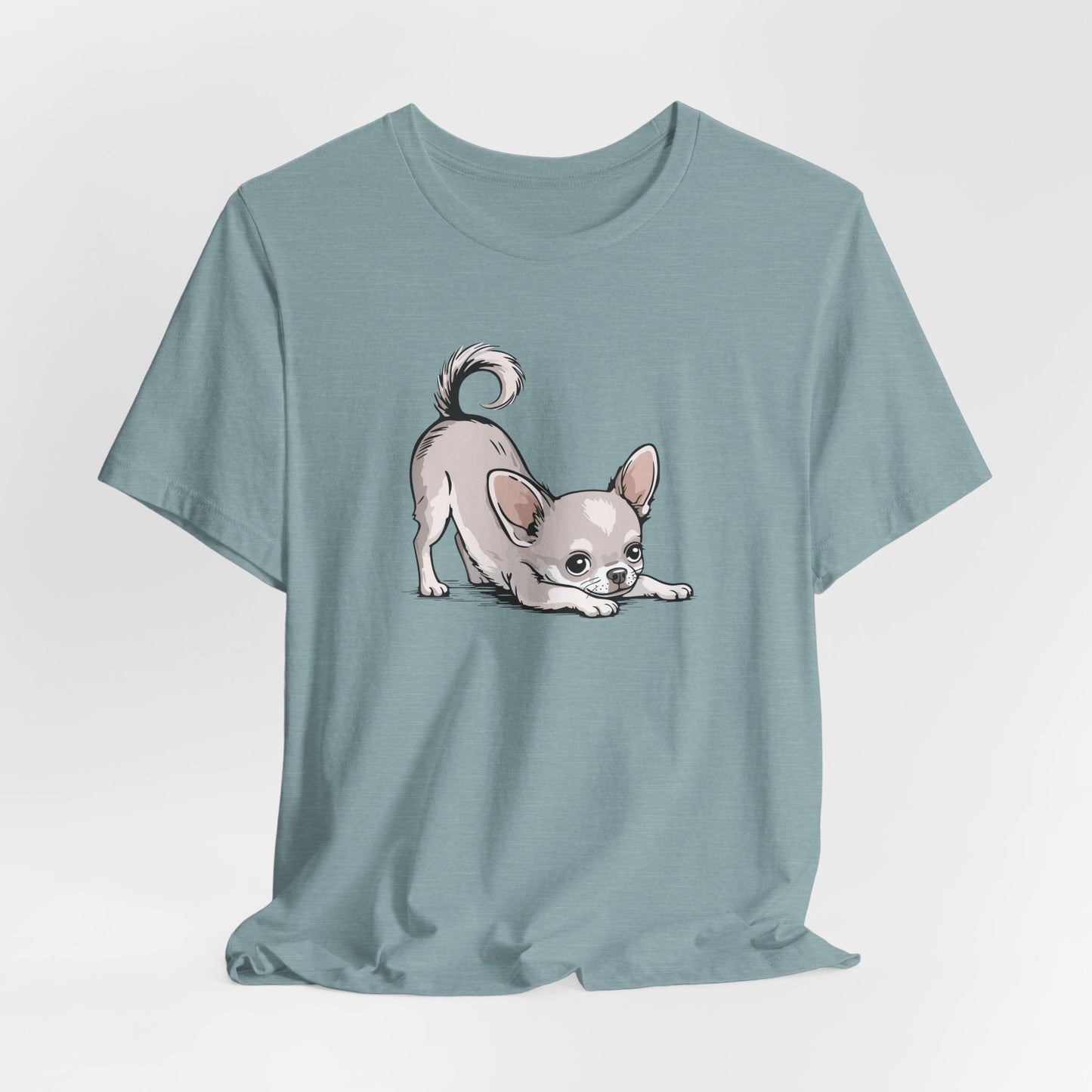 Playful Stretching Chihuahua Dog T-Shirt | Cute Puppy Dogs Illustration Tee, Cotton Chihuahuas Apparel, Pet Owner Shirts