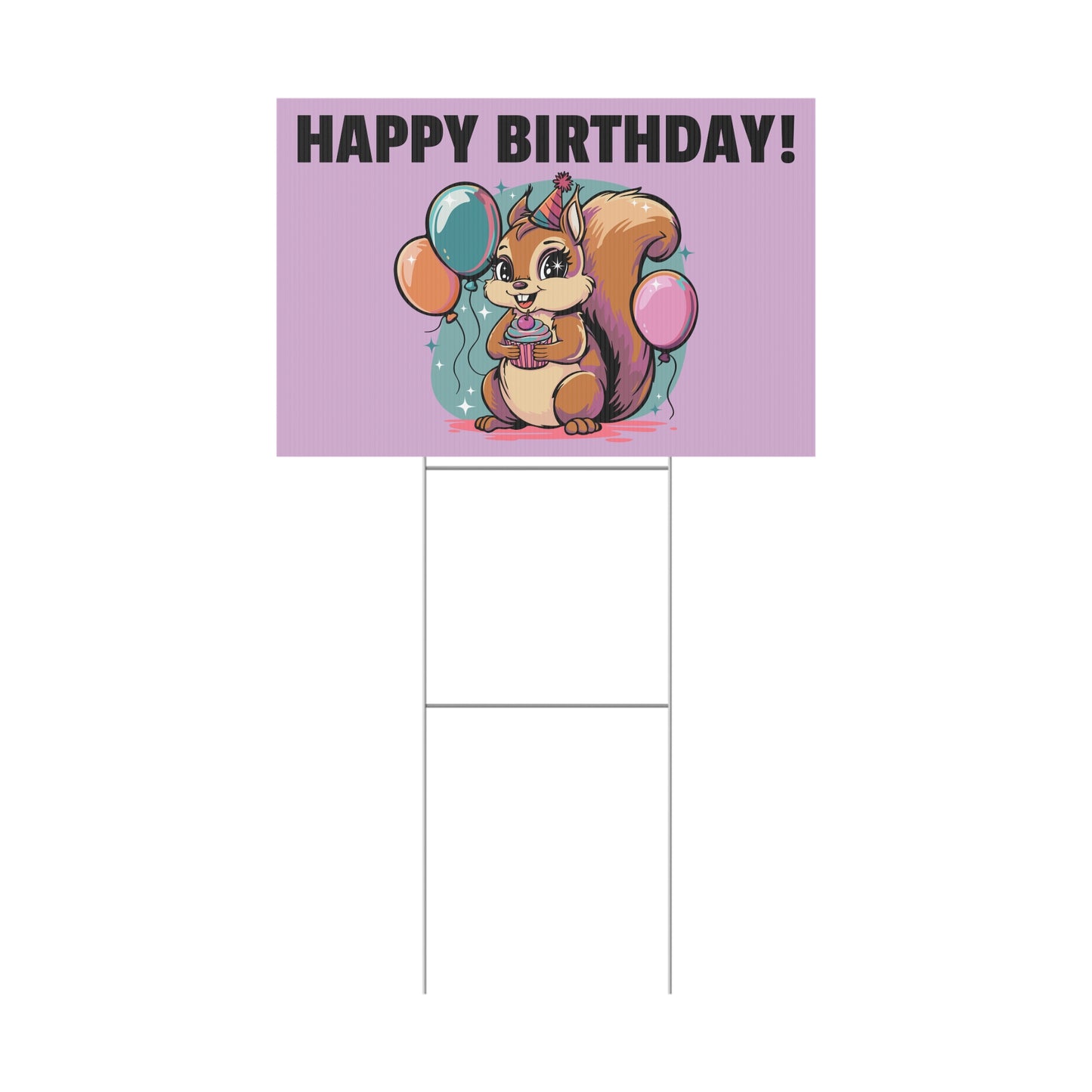 Happy Birthday Party Squirrel Plastic Yard Sign Purple Squirrels Balloons Cupcake Celebration Squirrels B-day Yard Signs