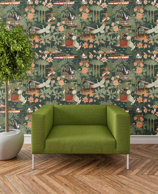 Tropical Nomad Deep Emerald Wallpaper - Botanical Floral Home Decor Wall Paper