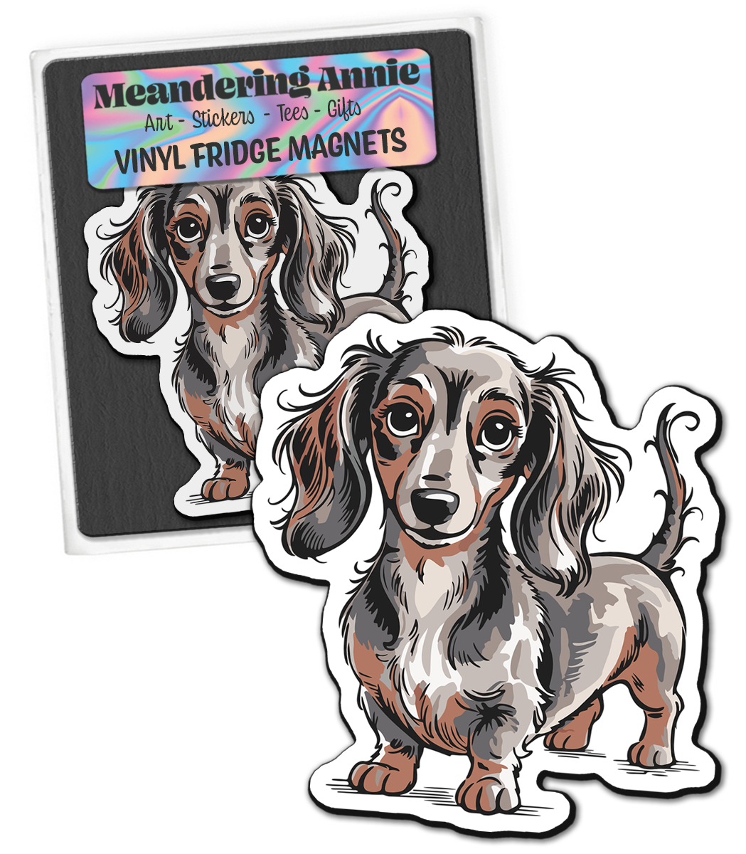 Long Haired Dachshund Dog Magnet, 3" Gray & Brown Wiener Dogs Dachshunds Dogs Vinyl Fridge Magnets Indoor Outdoor