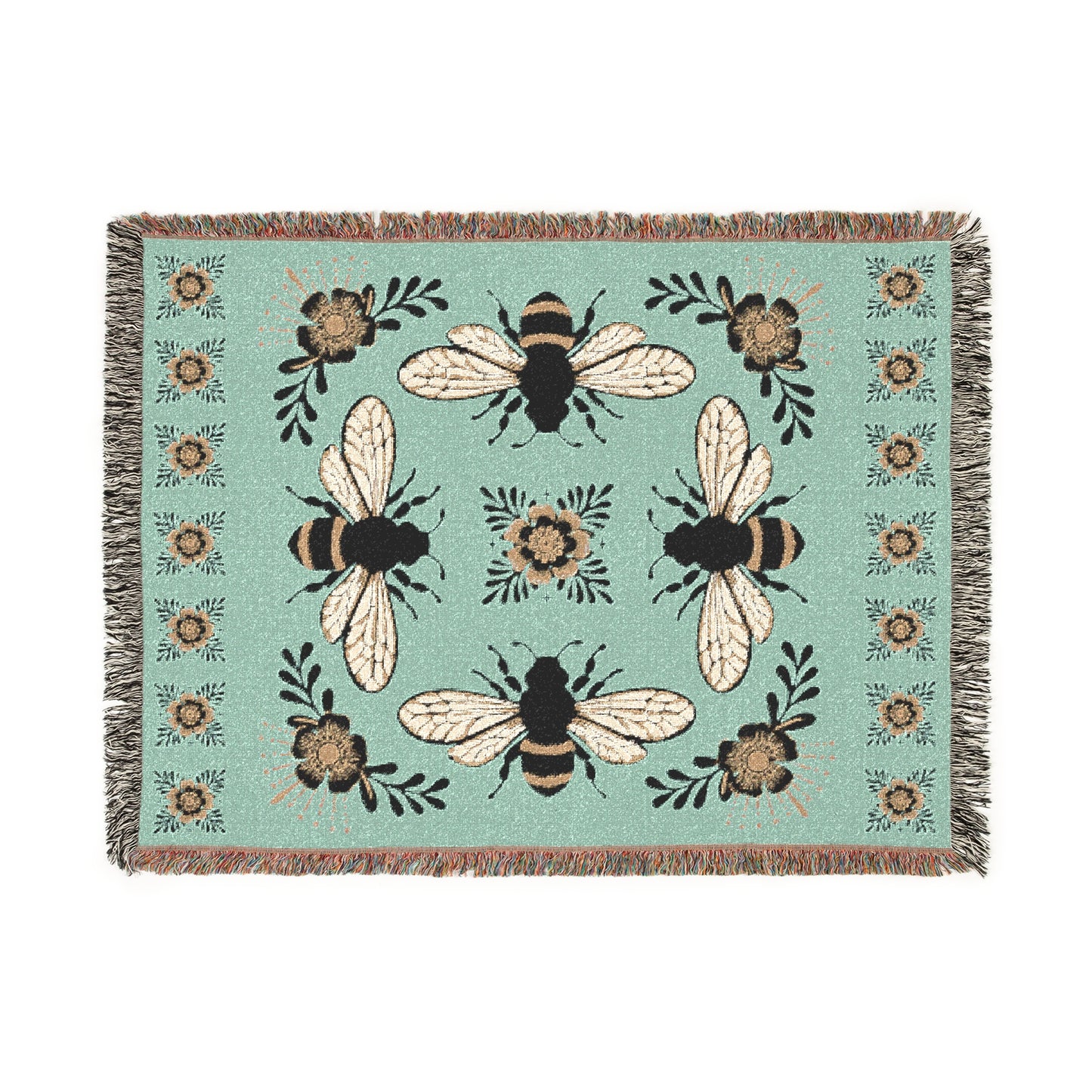 Bees and Flowers Botanical Woven Blanket | Home Decor Floral Bee Throw Blankets, 4 Bee Pattern Gift for Women