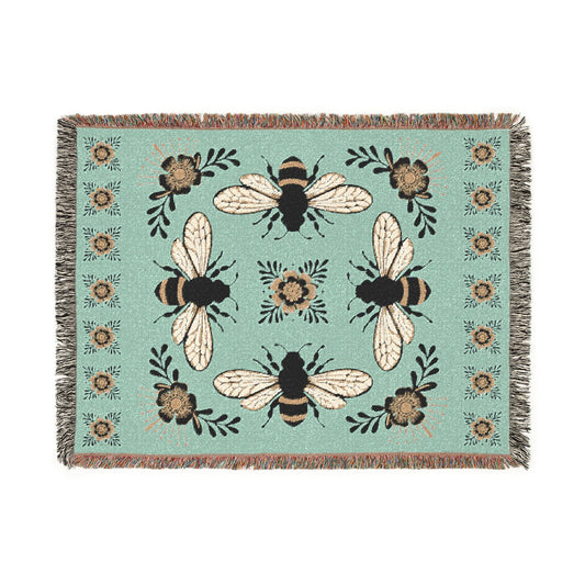 Bees and Flowers Botanical Woven Blanket | Home Decor Floral Bee Throw Blankets, 4 Bee Pattern Gift for Women