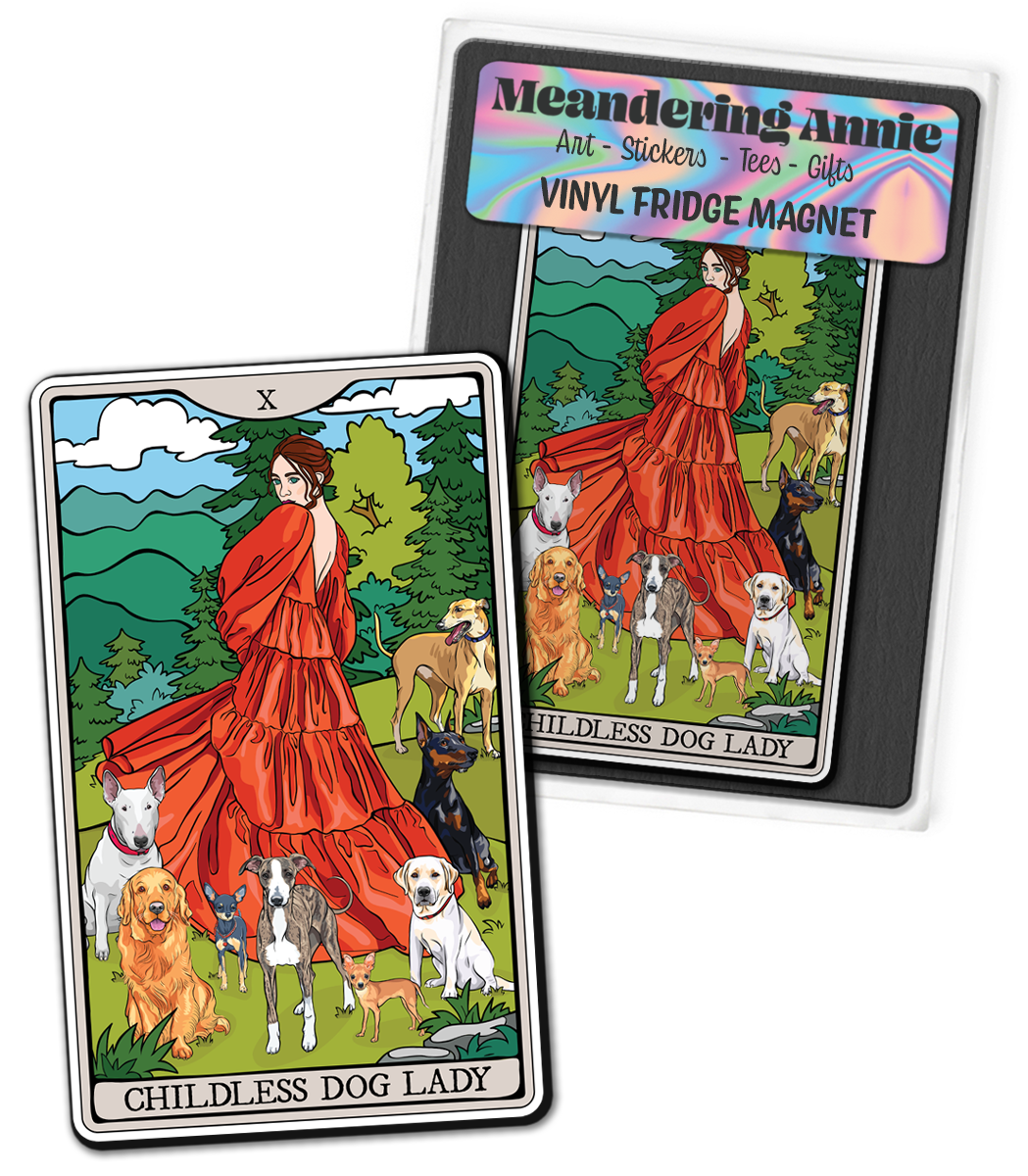 Childless Dog Lady Tarot Card Magnet - 4" Dog Ladies Vinyl Fridge Magnets Indoor Outdoor, Child-Free Woman & Pet Dogs