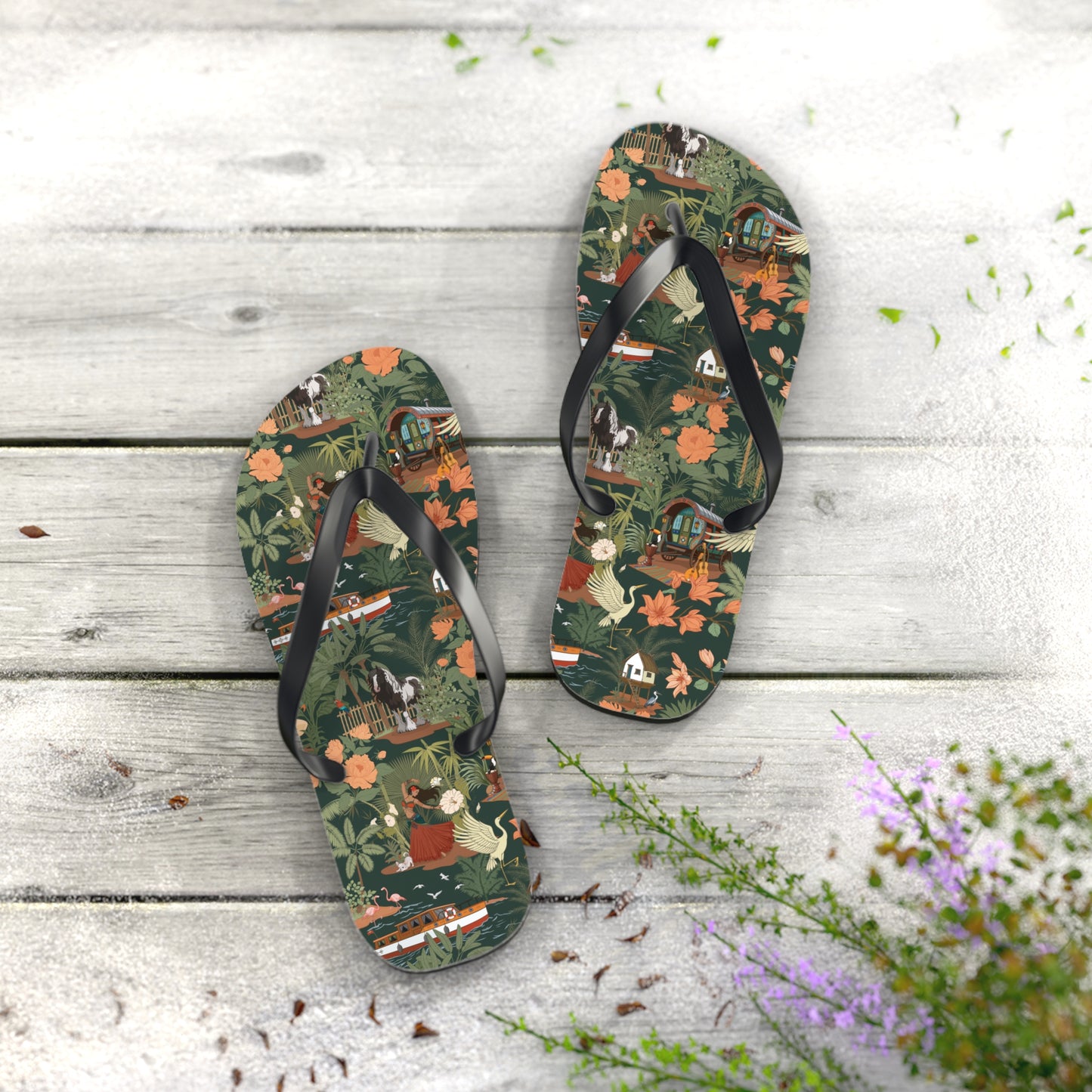 Tropical Nomad Floral Island Flip Flops | Vintage Travel Birds Pattern Sandals