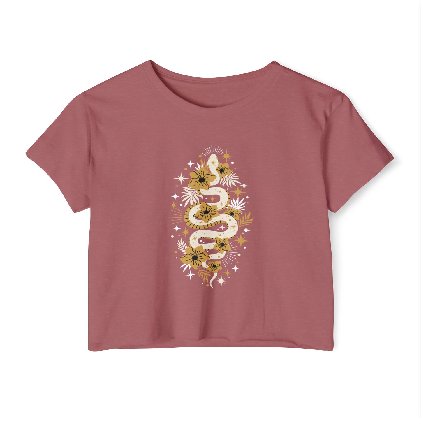 Mystic Golden Snake Women's Boho Crop Top, Festival T-shirt, Bohemian Serpent Shirt, Hippie Tee, Occult Cropped Shirt, Festival Clothing