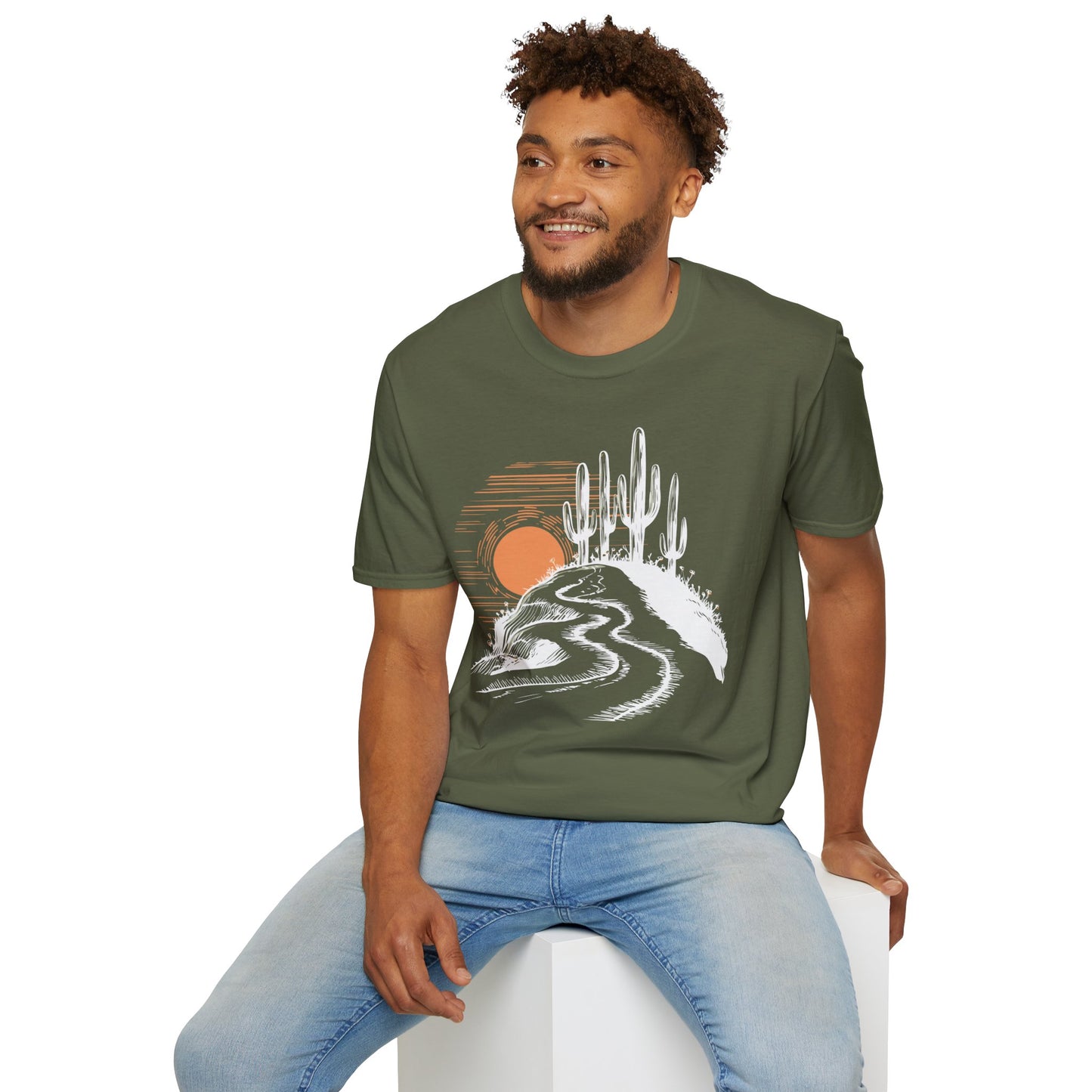 Arizona Desert Cactus Landscape Soft T-shit - Mens Womens Unisex Softstyle Tee with Sunset Saguaro Cactus Design