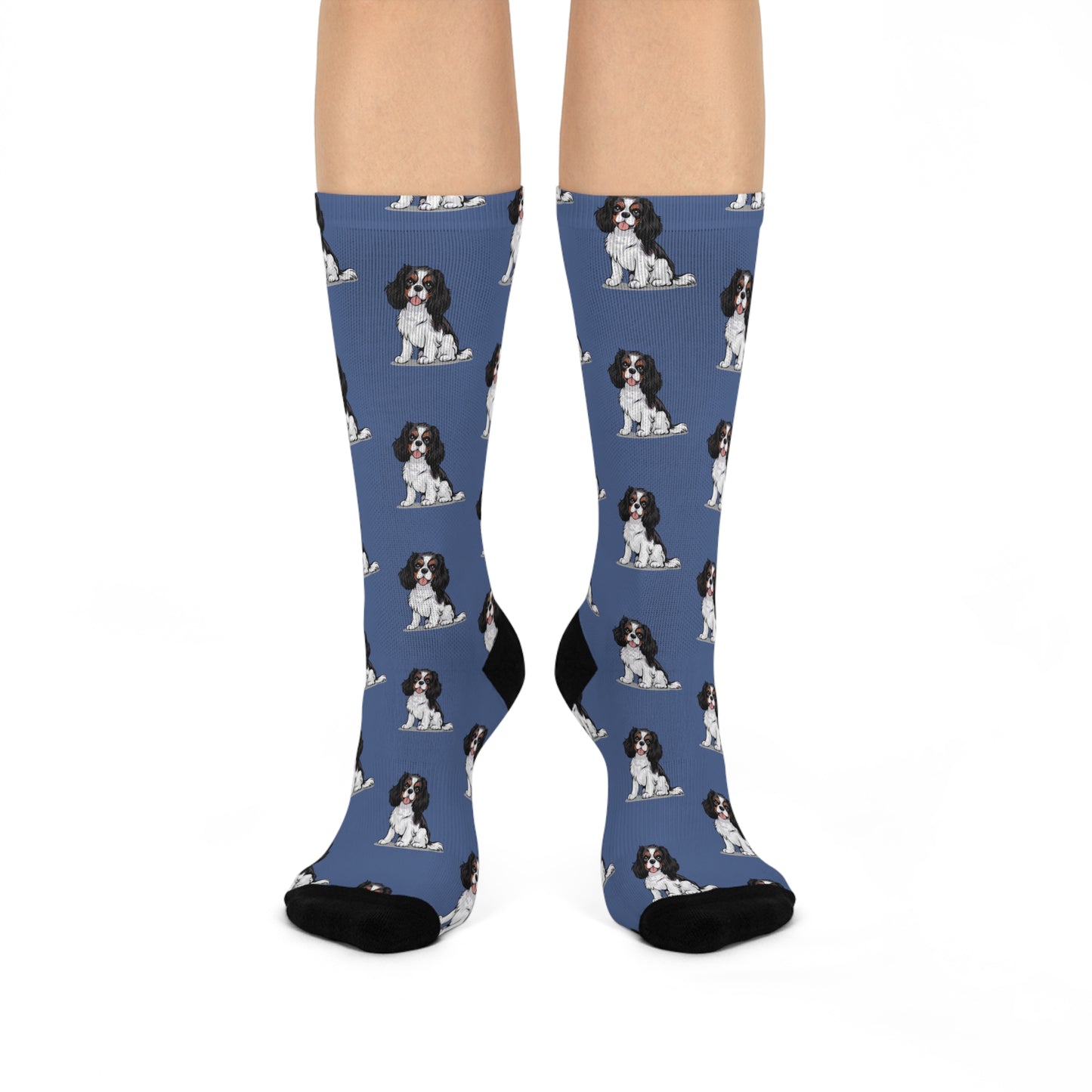 Charlie Tricolor Cavalier King Charles Spaniel Dog Pattern Blue Cushioned Crew Socks with Pet Dog Cavalier Puppy Print