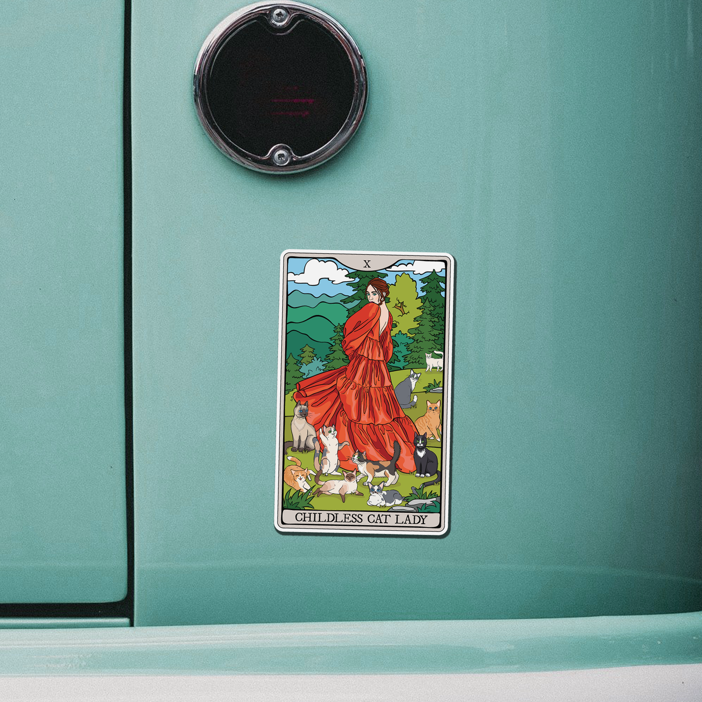 Childless Cat Lady Tarot Card Magnet - 4" Cat Ladies Vinyl Fridge Magnets Indoor Outdoor, Child-Free Woman & Cats