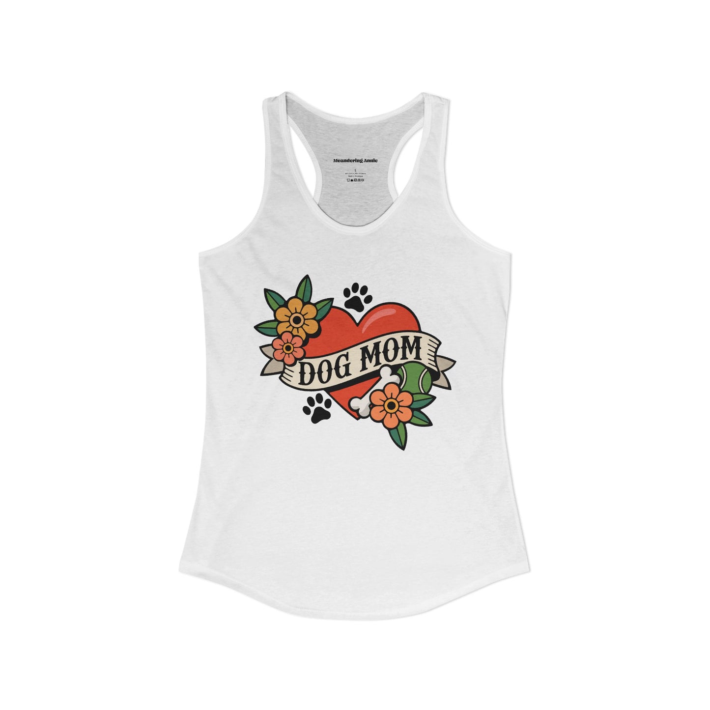 Dog Mom Heart Tattoo Racerback Tank Top, Womens Vintage Tattoos Dogs Paw Prints Artwork, Childless Dog Lady Sleeveless Shirt