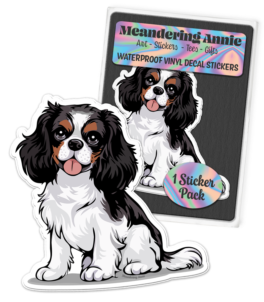 3.5" Tricolor Cavalier King Charles Spaniel Dog Sticker - Black, Brown, & White Cavaliers Puppy Dogs Vinyl Decal Stickers Waterproof Decals