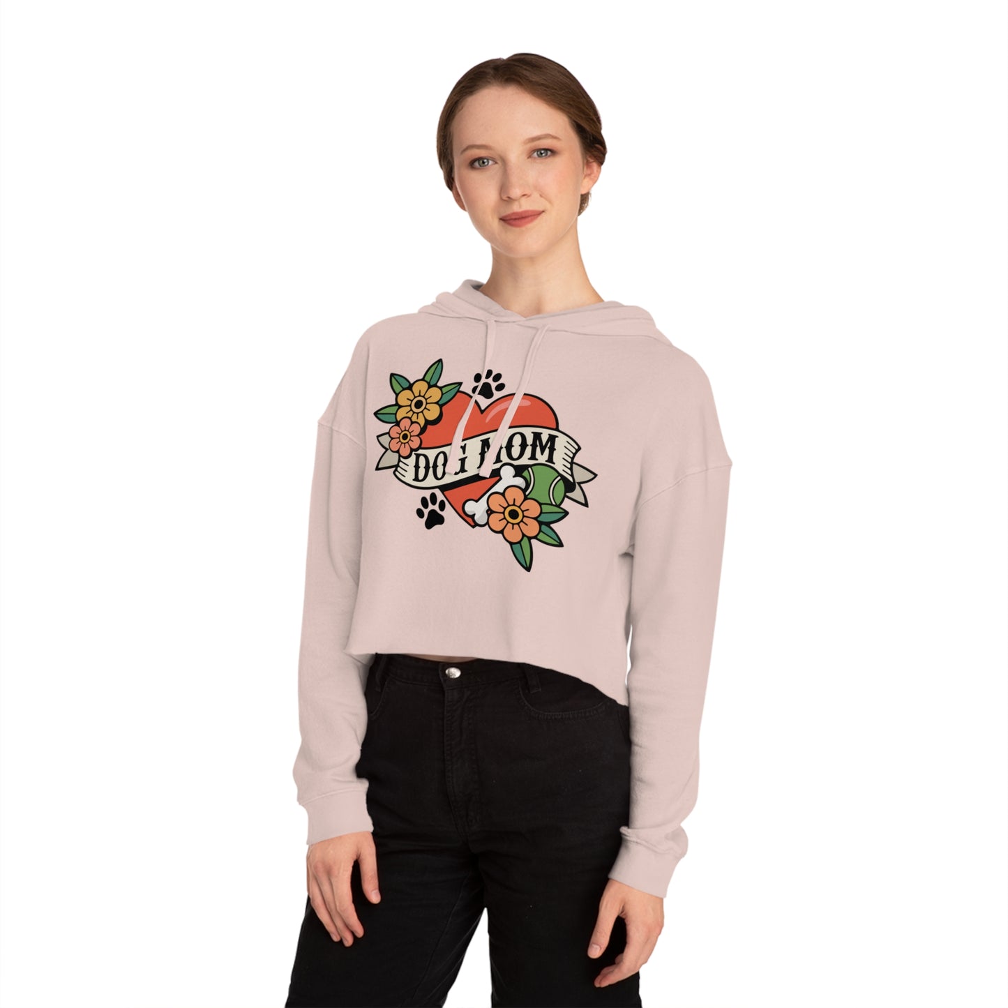 Dog Mom Heart Tattoo Cropped Hoodie, Pullover Sweatshirt Crop Top Long Sleeve, Childless Dog Lady Pet Mama Apparel