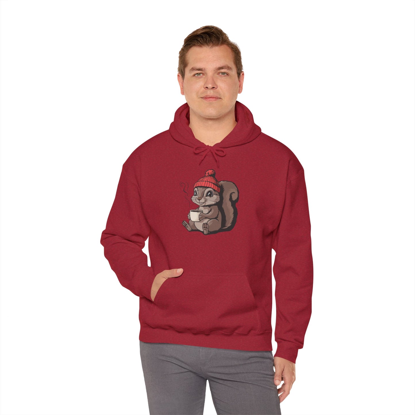 Cozy Squirrel  Pullover Hoodie Unisex Heavy Blend Hooded Sweatshirt with Squirrel in Beanie with Cup Of Coffee Graphic Print