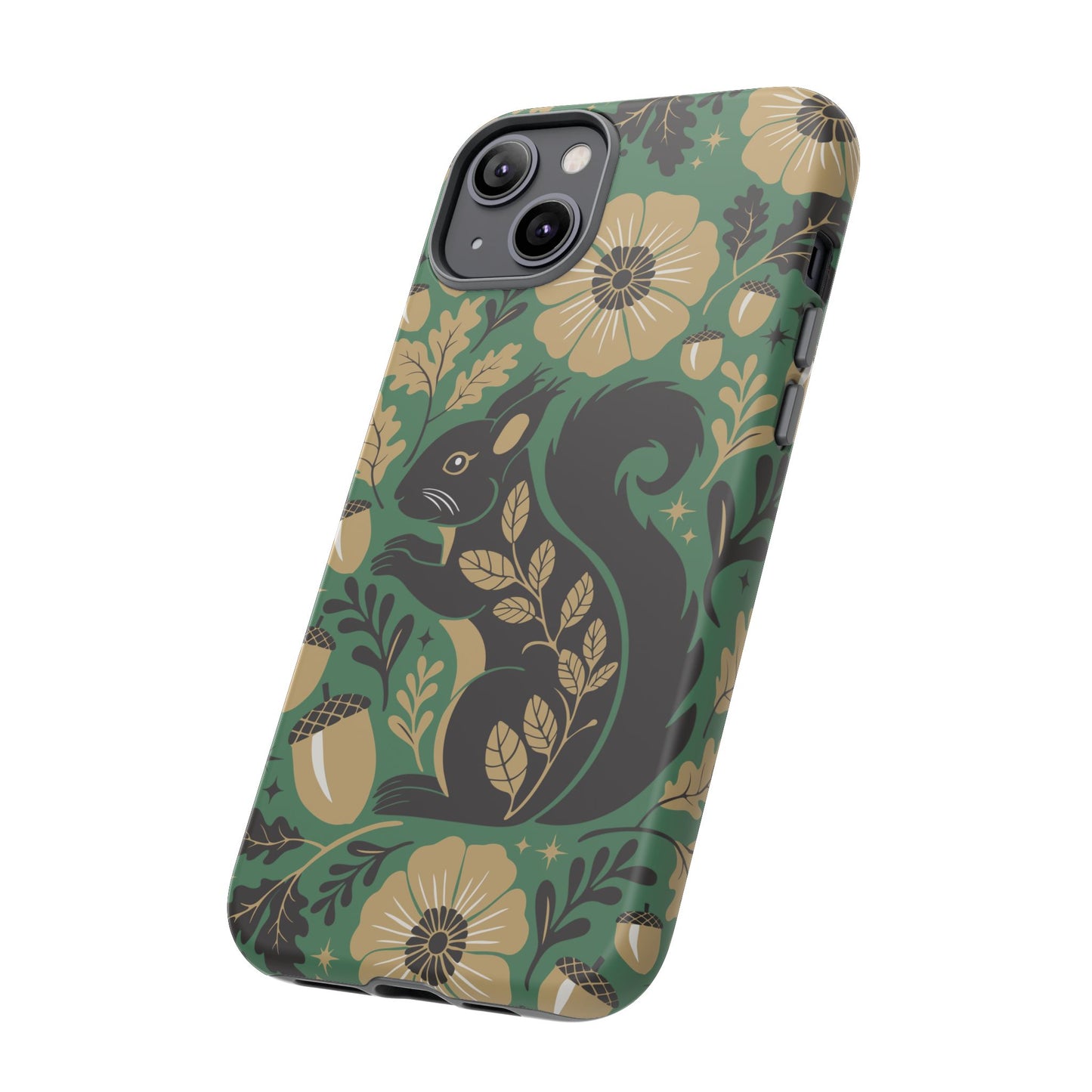 Green Squirrel Floral Pattern Cell Phone Case | Botanical Folk Art Acorn Leaves Design, Iphone Google Pixel Samsung Cases Matte Finish