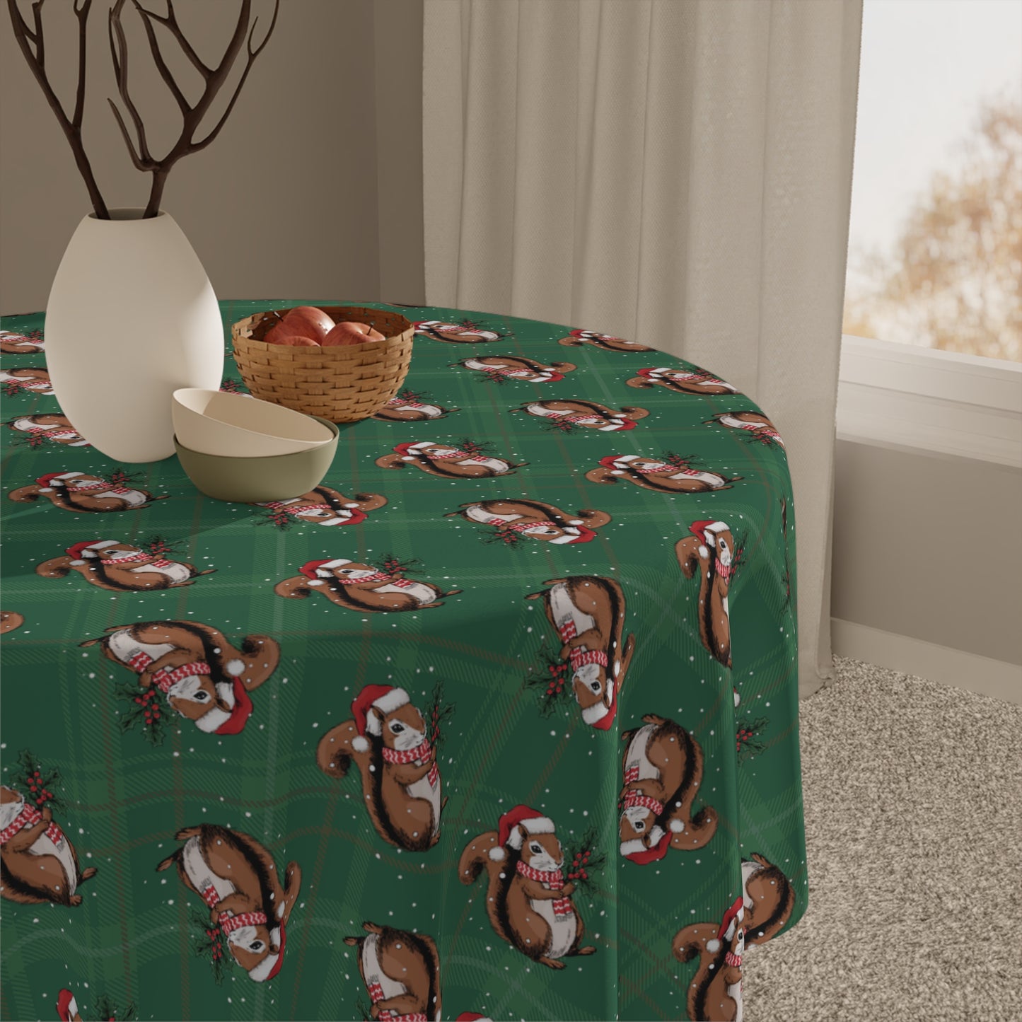 Christmas Squirrels Tablecloth, Green Plaid Holiday Santa Squirrel Table Cloth, Festive Home Decor, Winter Party Dining Tablecloths