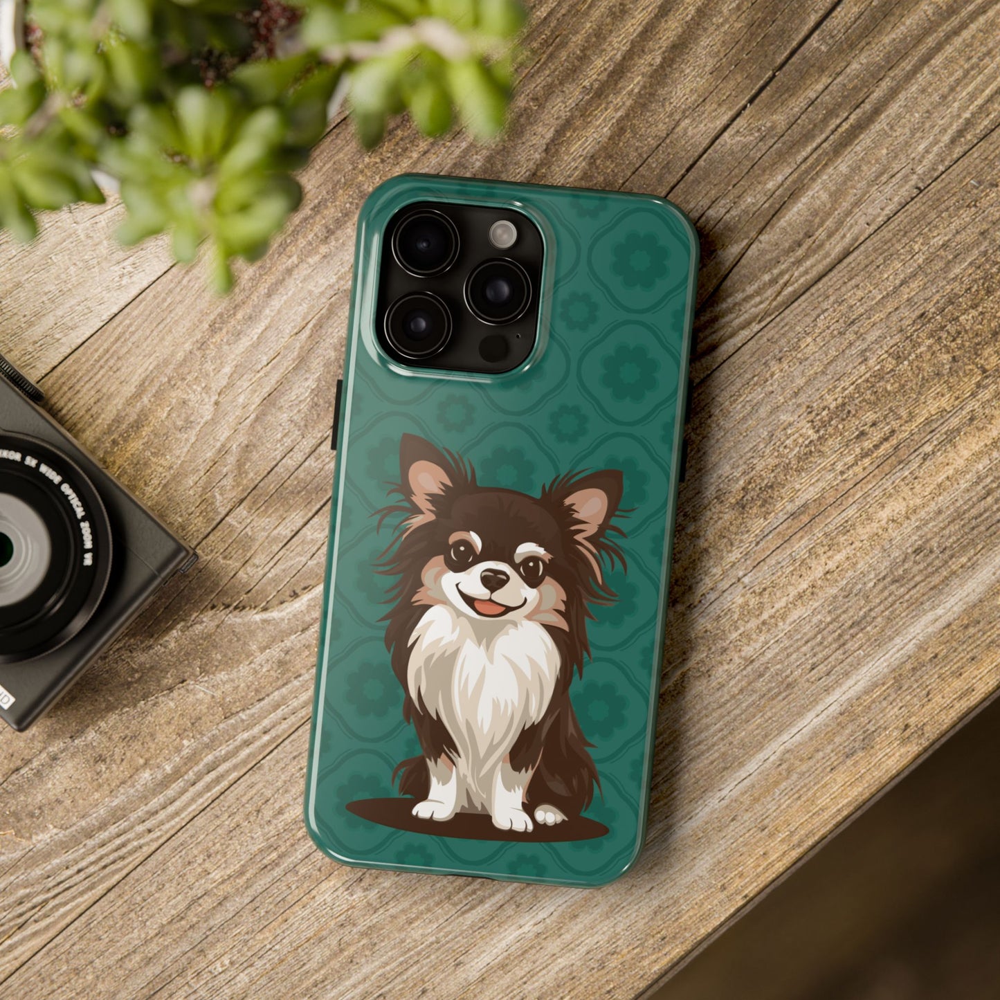 Long Haired Chihuahua Dog Phone Case, Tough Phone Cases Pet Dogs Teal Pattern