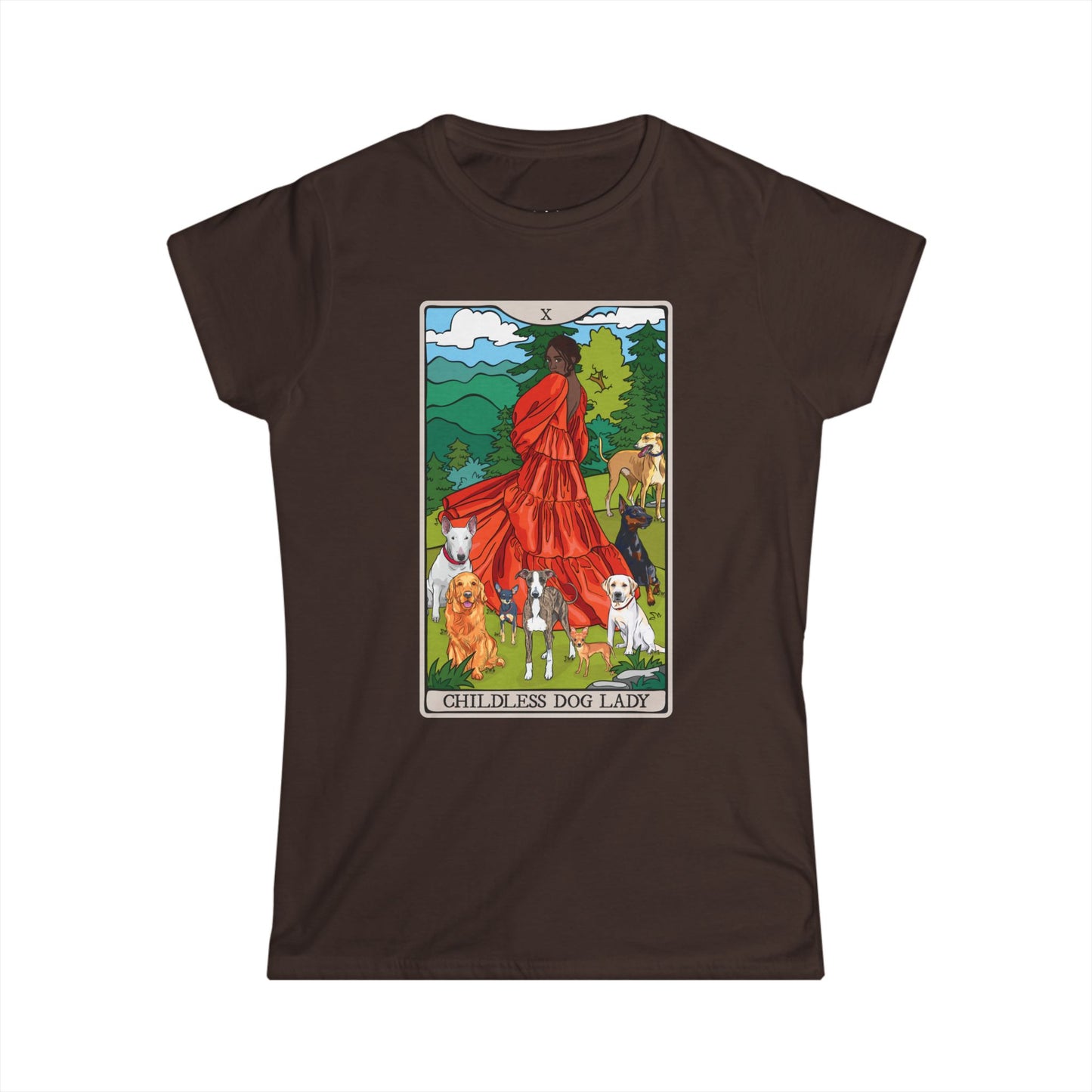 Childless Dog Lady Tarot Card Women's Fitted T-shirt Child-Free Dog Mom Tee with Woman and Dogs Design