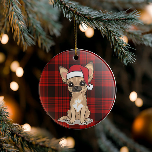 Santa Chihuahua Dog Christmas Tree Ornament, Xmas Dogs Holiday Decorations, Pet Lover Gift, Red Plaid Ceramic Ornaments