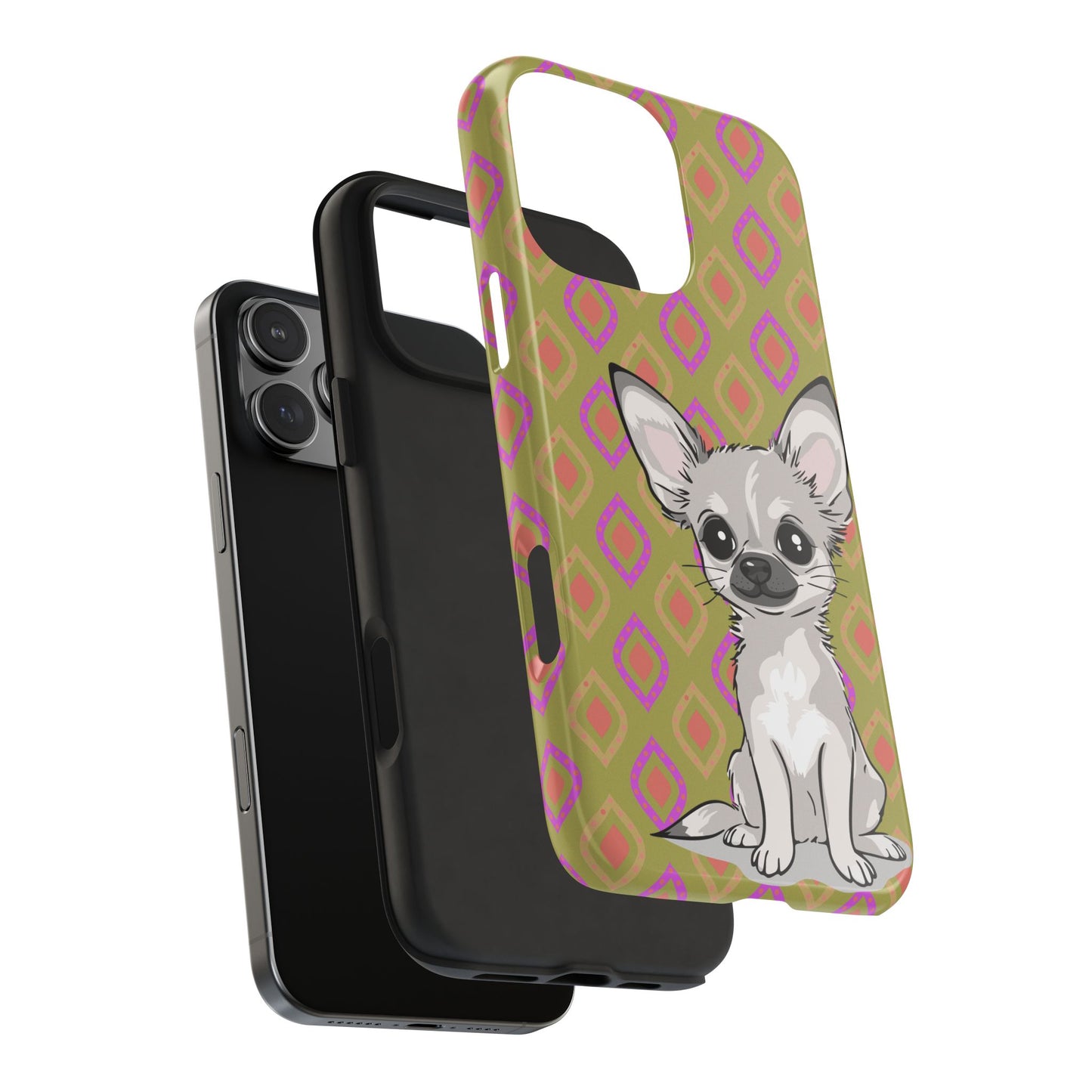 White Chihuahua Puppy Dog Phone Case, Tough Phone Cases Pet Dogs Retro Green  Pattern