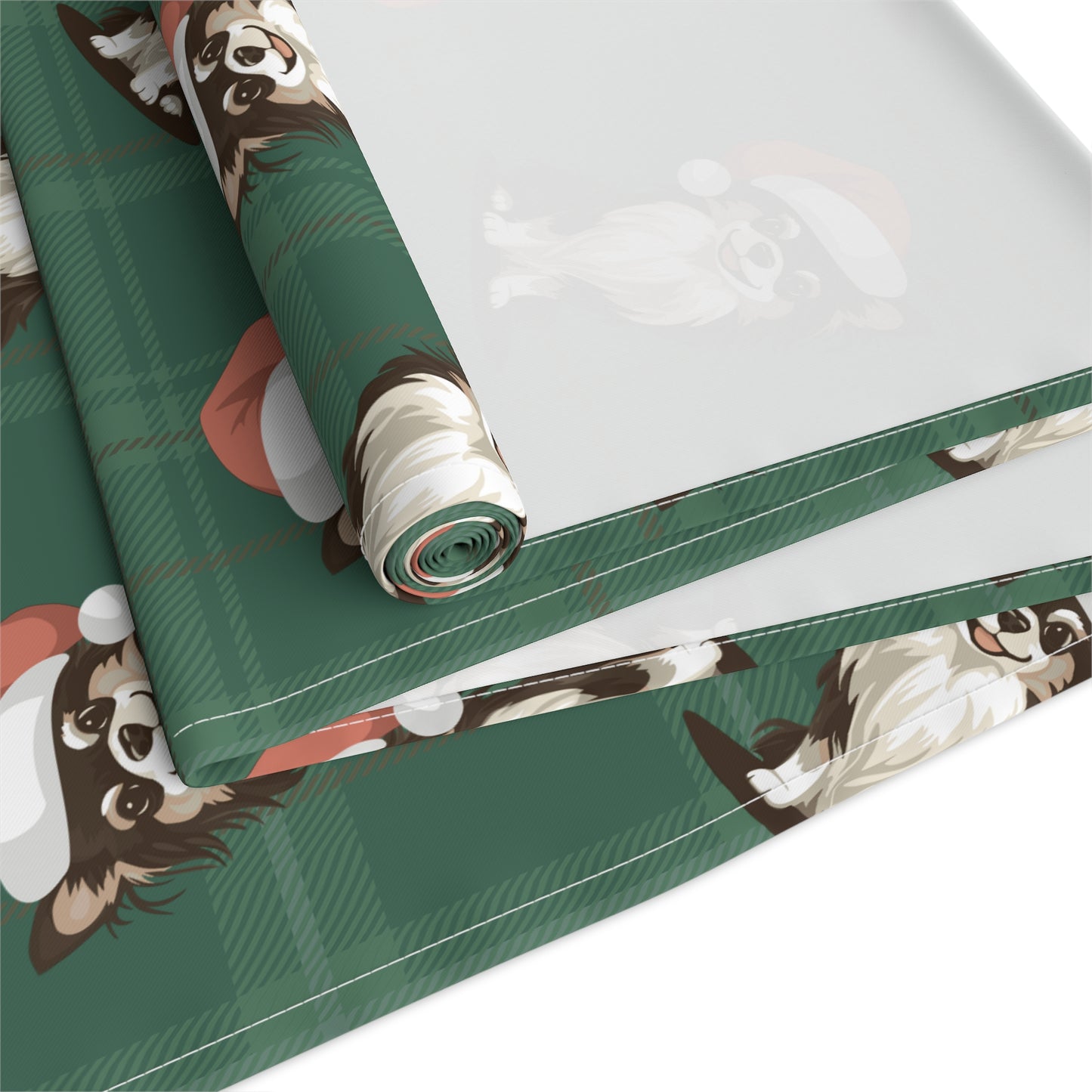 Festive Long Haired Chihuahua Dog Holiday Table Runner, Christmas Home Decor, Dining Tablecloth Linens, Plaid Table Setting Runners