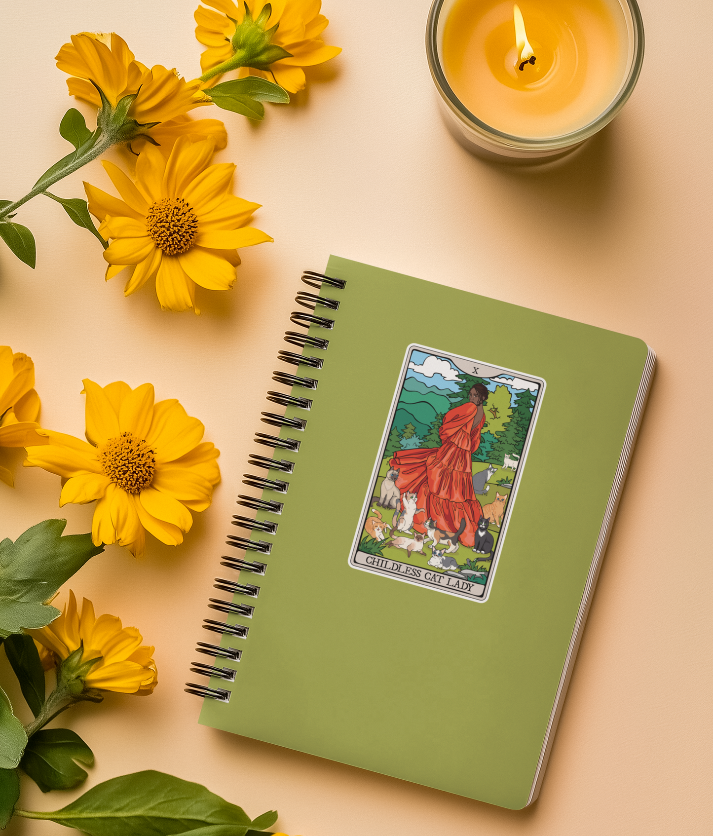 3.5" Childless Cat Lady Tarot Card Sticker - Waterproof, Fade-Resistant Decal Stickers Child-Free Woman and Cats Design