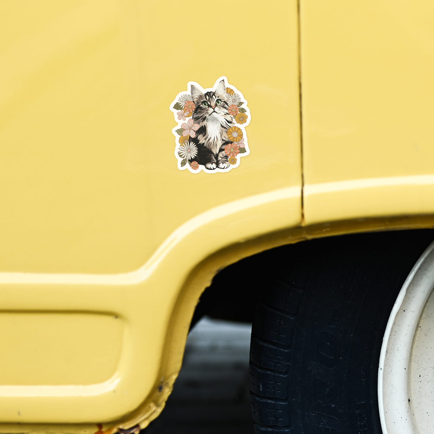 4" Fluffy Kitty In Flowers Sticker - Waterproof, Fade-Resistant Decal Stickers Floral Cat Design