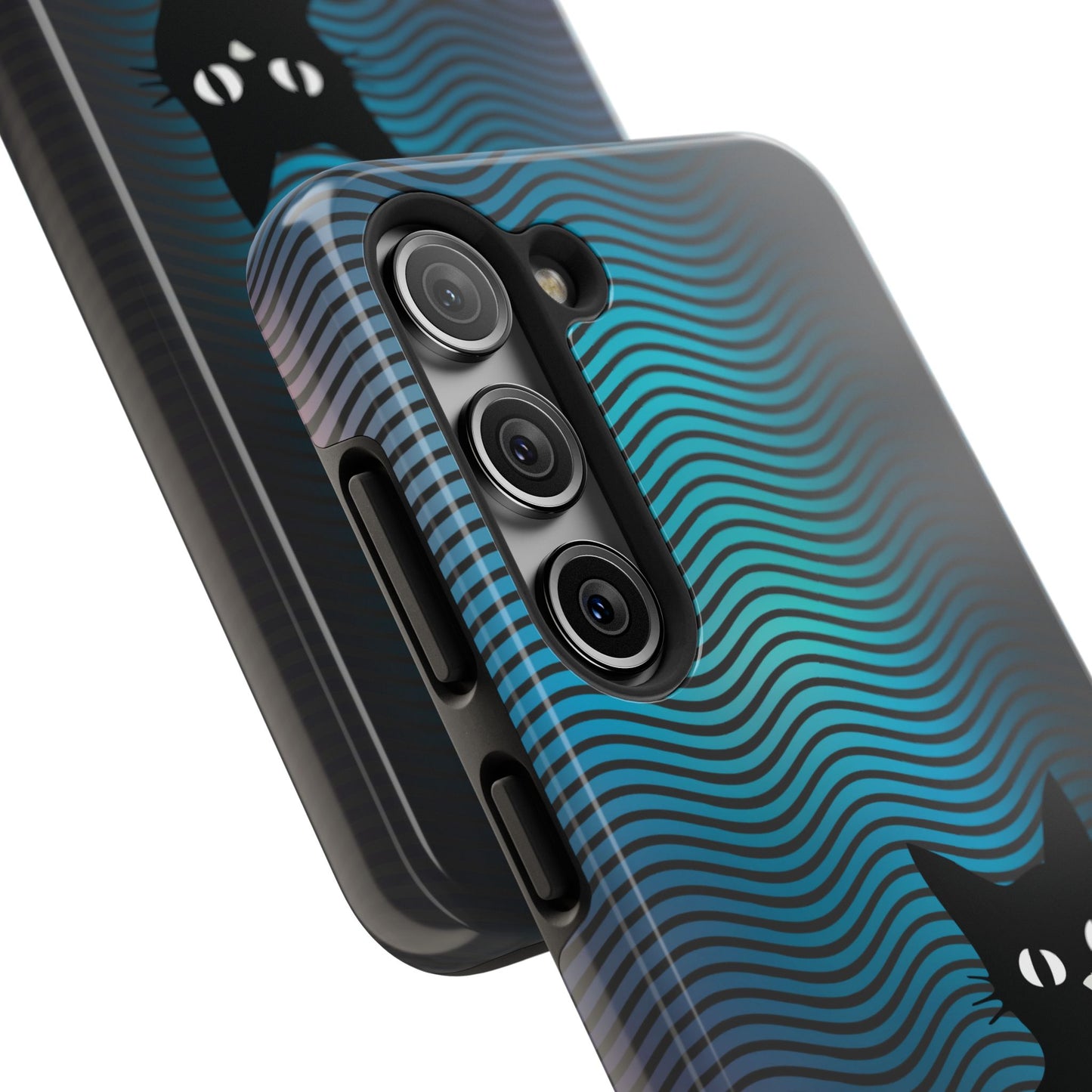 Black Cat Cell Phone Case | Peeking Kitty Graphic on Wavy Teal Background