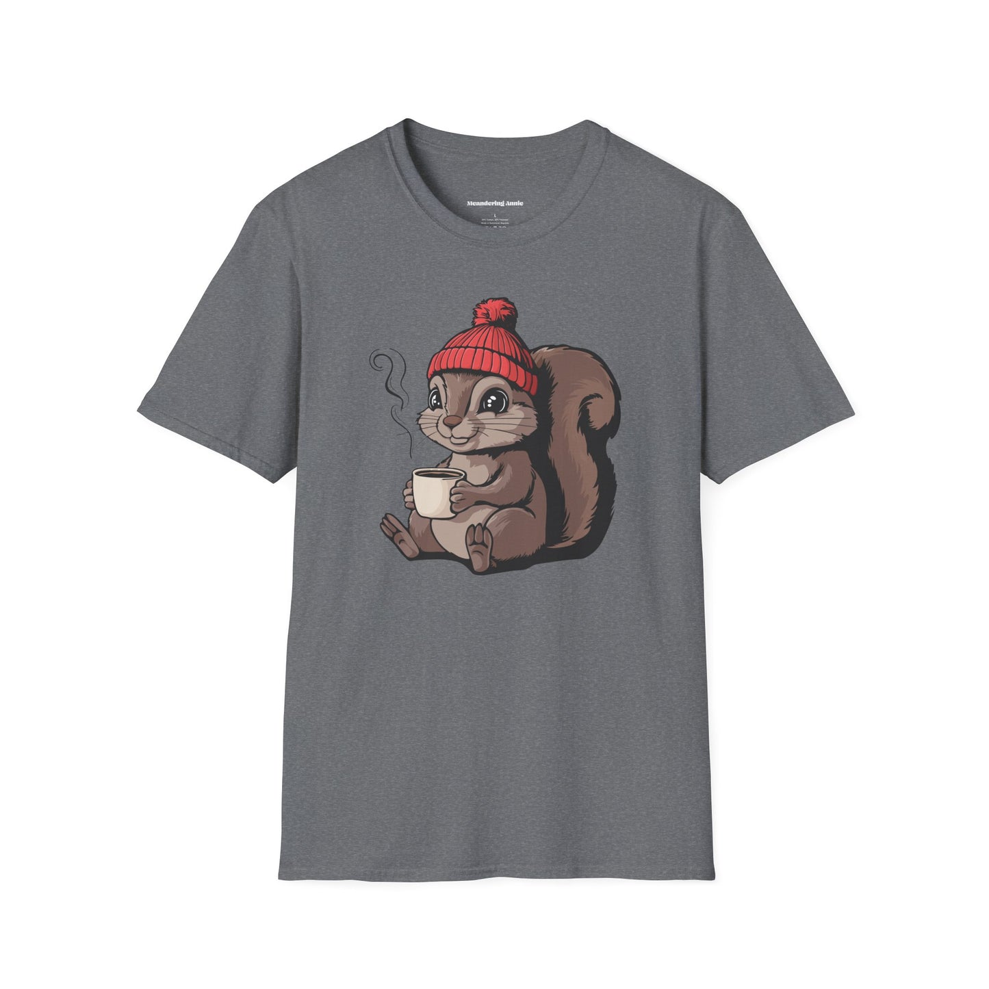 Cozy Squirrel Soft T-shirt Softstyle Tee with Squirrel in Beanie with Cup Of Coffee Graphic Print