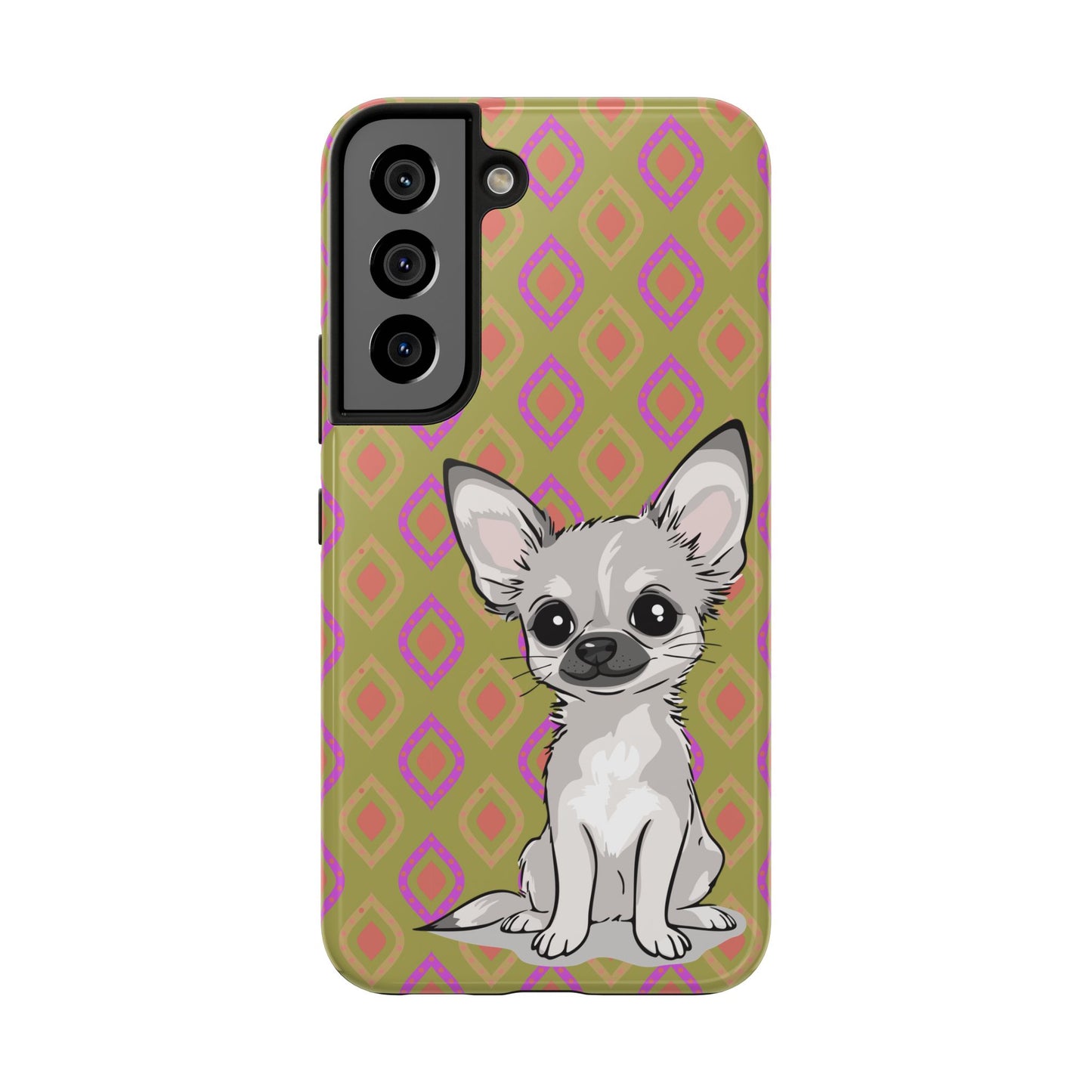 White Chihuahua Puppy Dog Phone Case, Tough Phone Cases Pet Dogs Retro Green  Pattern