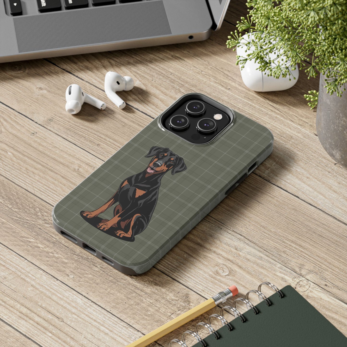 Doberman Pinscher Dog Phone Case, Tough Phone Cases Pet Dogs Green Plaid Pattern