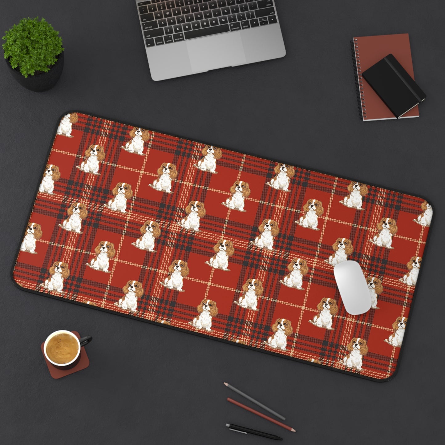 Blenheim Cavalier King Charles Spaniel Dogs Pattern Desk Mat | Red Tartan Plaid Puppy Mouse Pad Surface