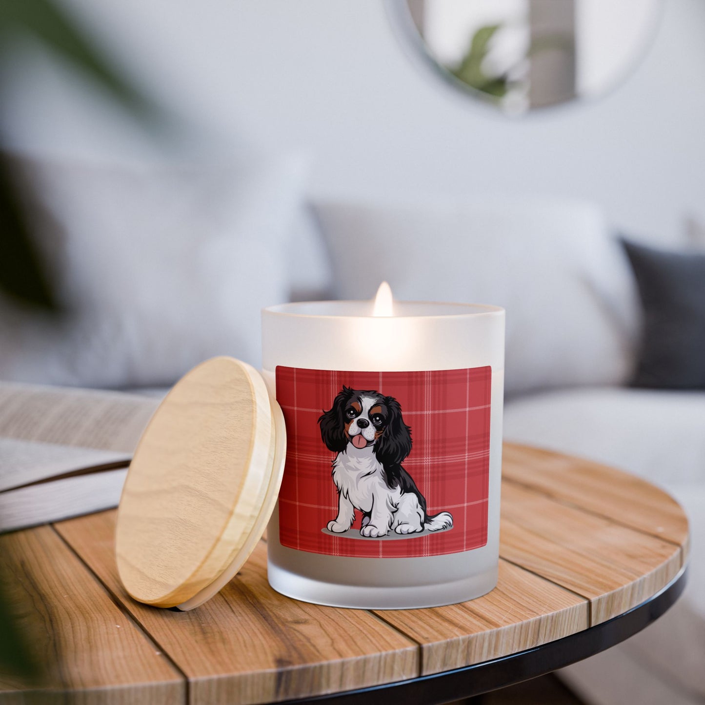 Tricolor Cavalier King Charles Spaniel Dog Frosted Glass Candle, Christmas Holiday Candles Pet Memorial Gifts