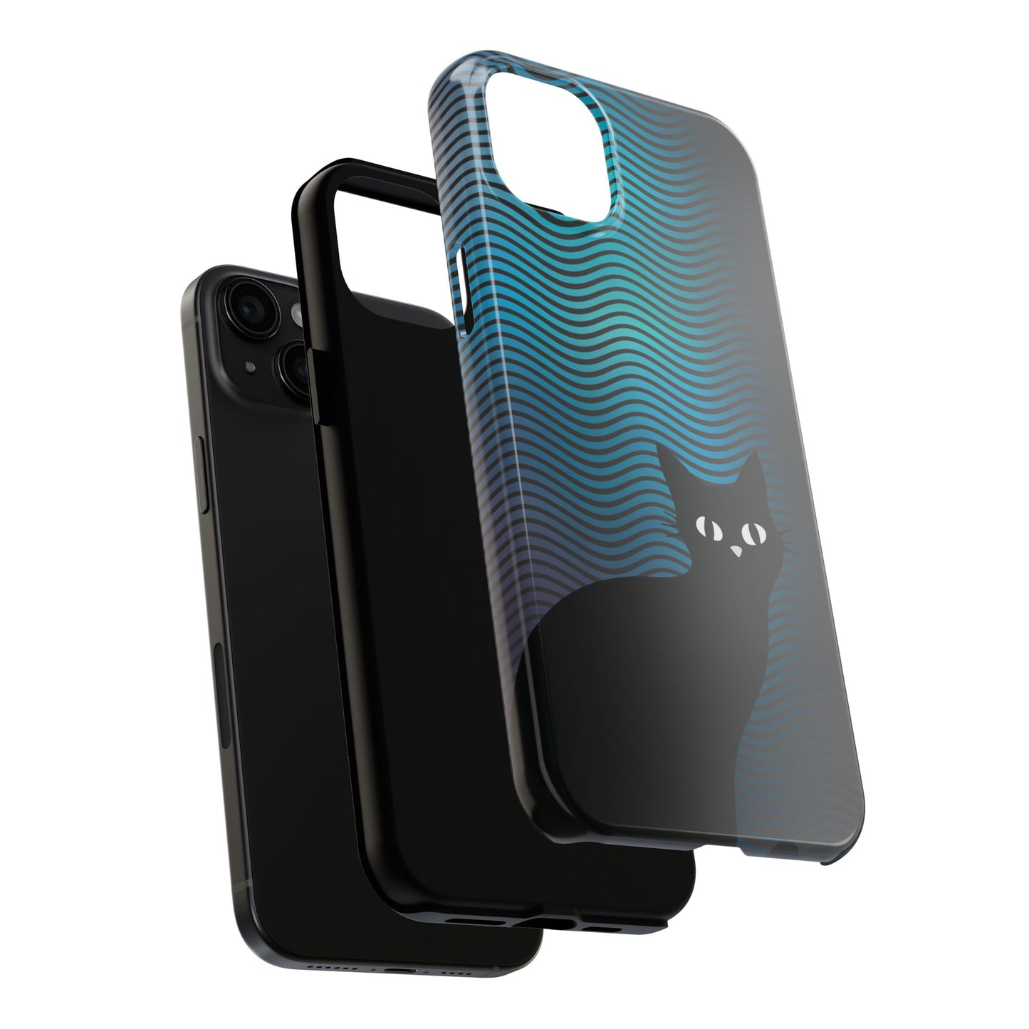 Black Cat Cell Phone Case | Peeking Kitty Graphic on Wavy Teal Background