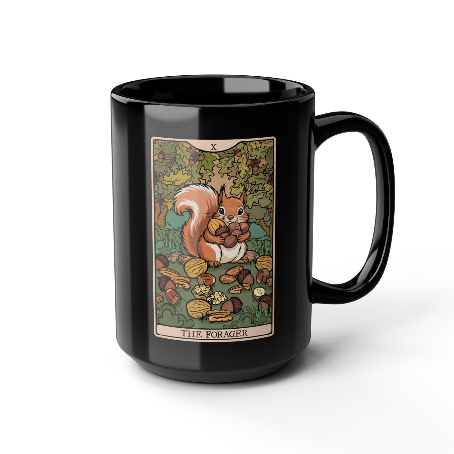 Forager Squirrel Tarot Card Coffee Mug | Black Ceramic Coffee Cup Foraging Squirrels and Nuts Artwork 15 Ounce Mugs